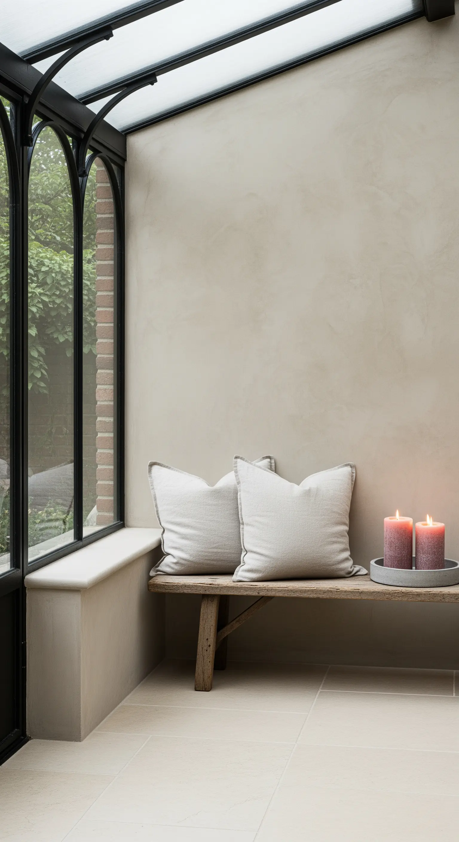Minimalistische Holzbank mit Leinenkissen und Kerzen in einem Japandi-Raum.