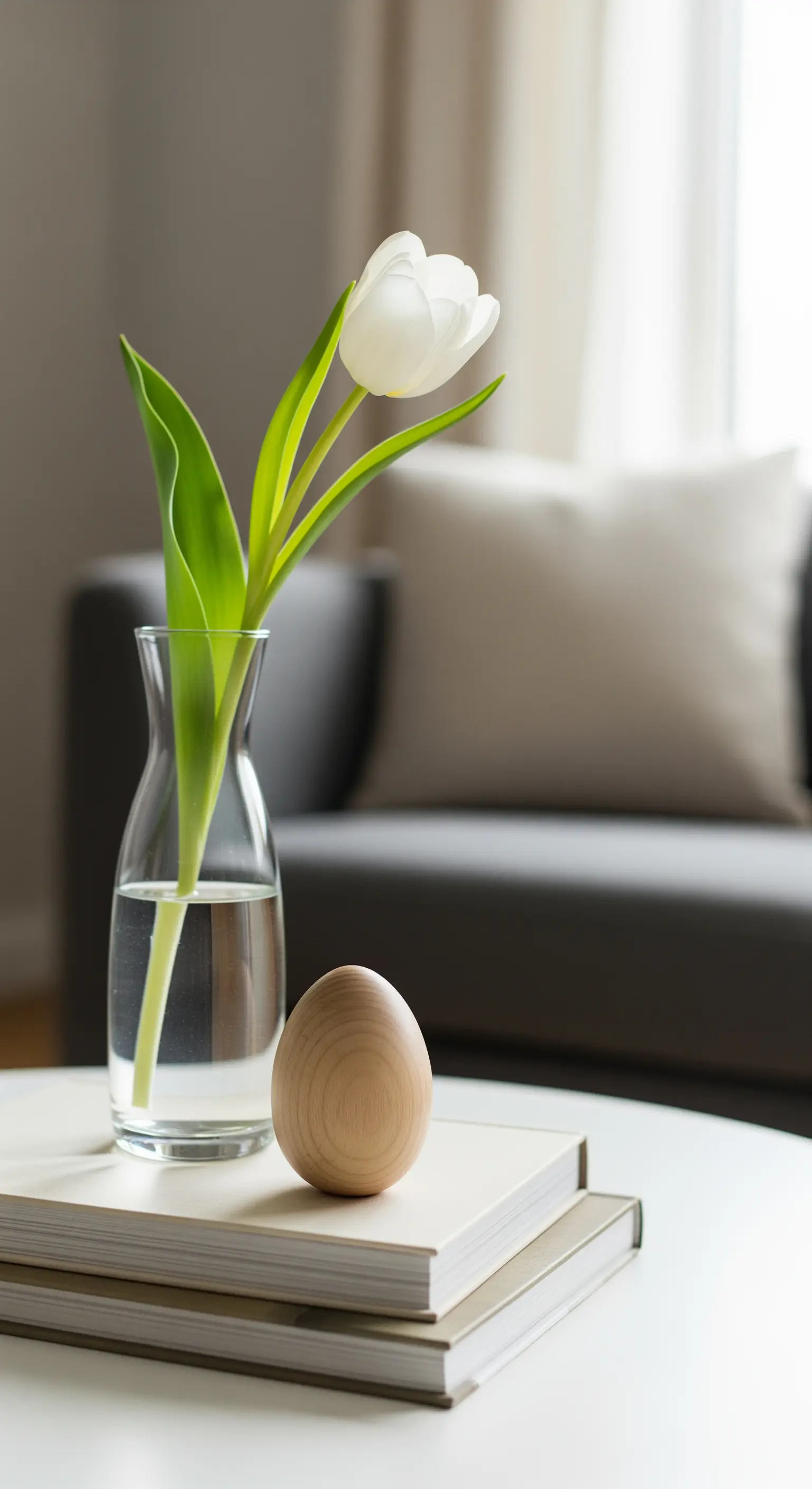 Eine einzelne weiße Tulpe in einer Glasvase neben einem Holzei auf einem Bücherstapel.