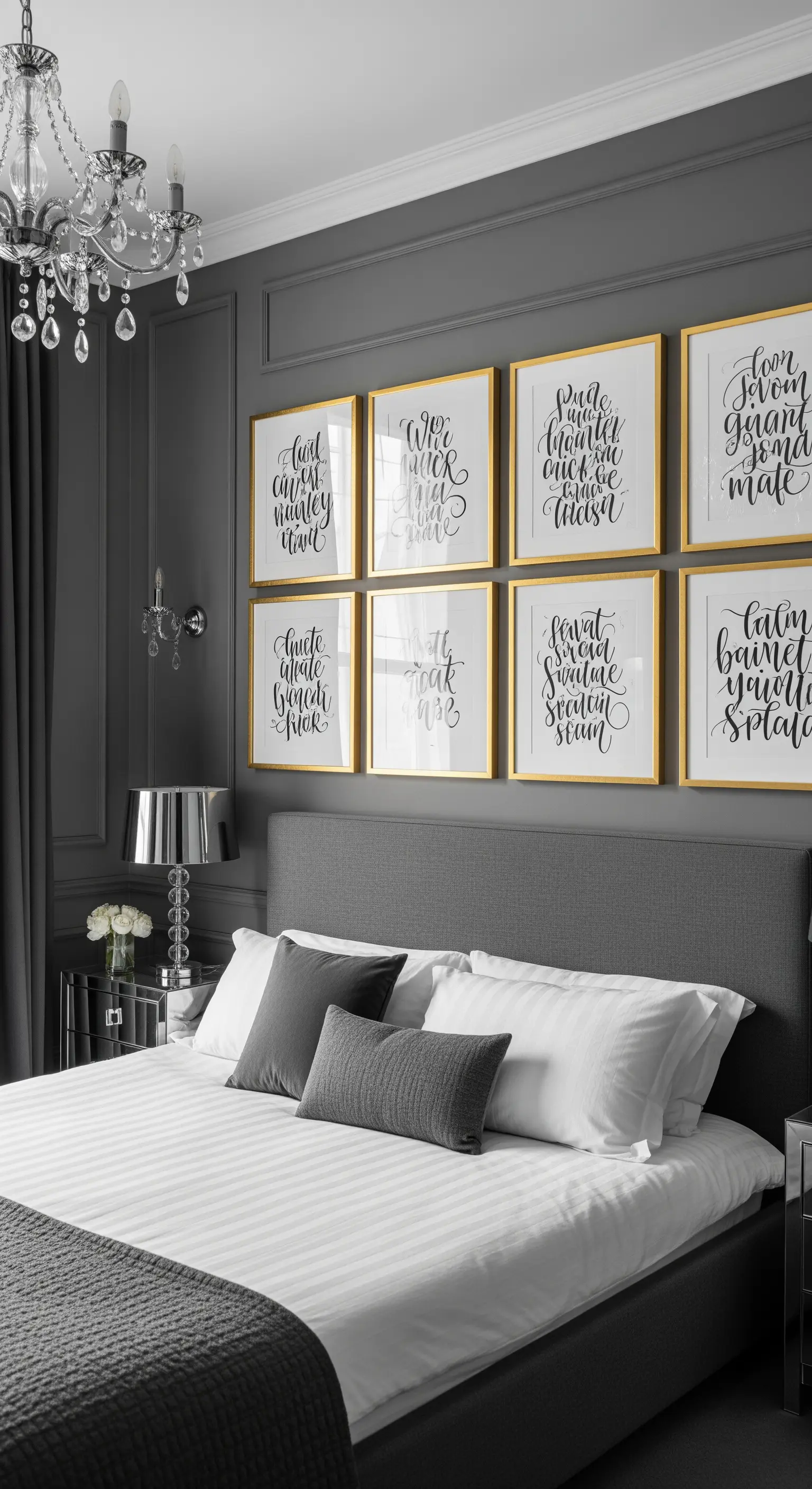 Elegantes graues Schlafzimmer mit einer Wandgalerie aus Kalligrafie-Drucken in Goldrahmen.