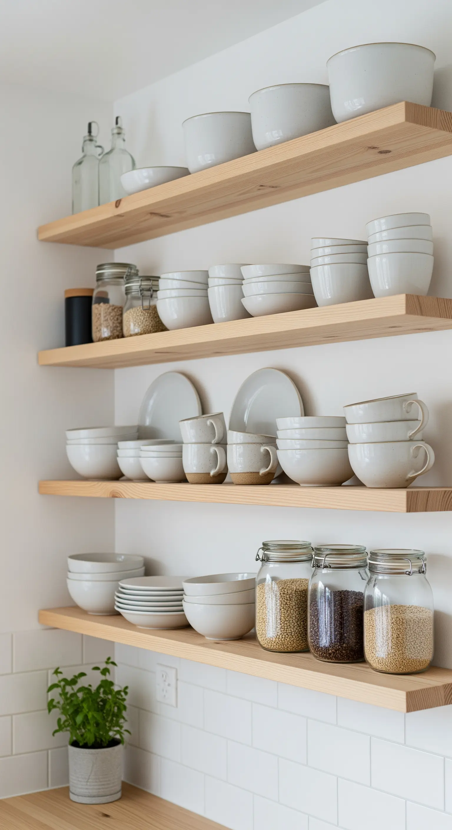 Offene Küchenregale aus hellem Holz mit ordentlich gestapeltem Keramikgeschirr.