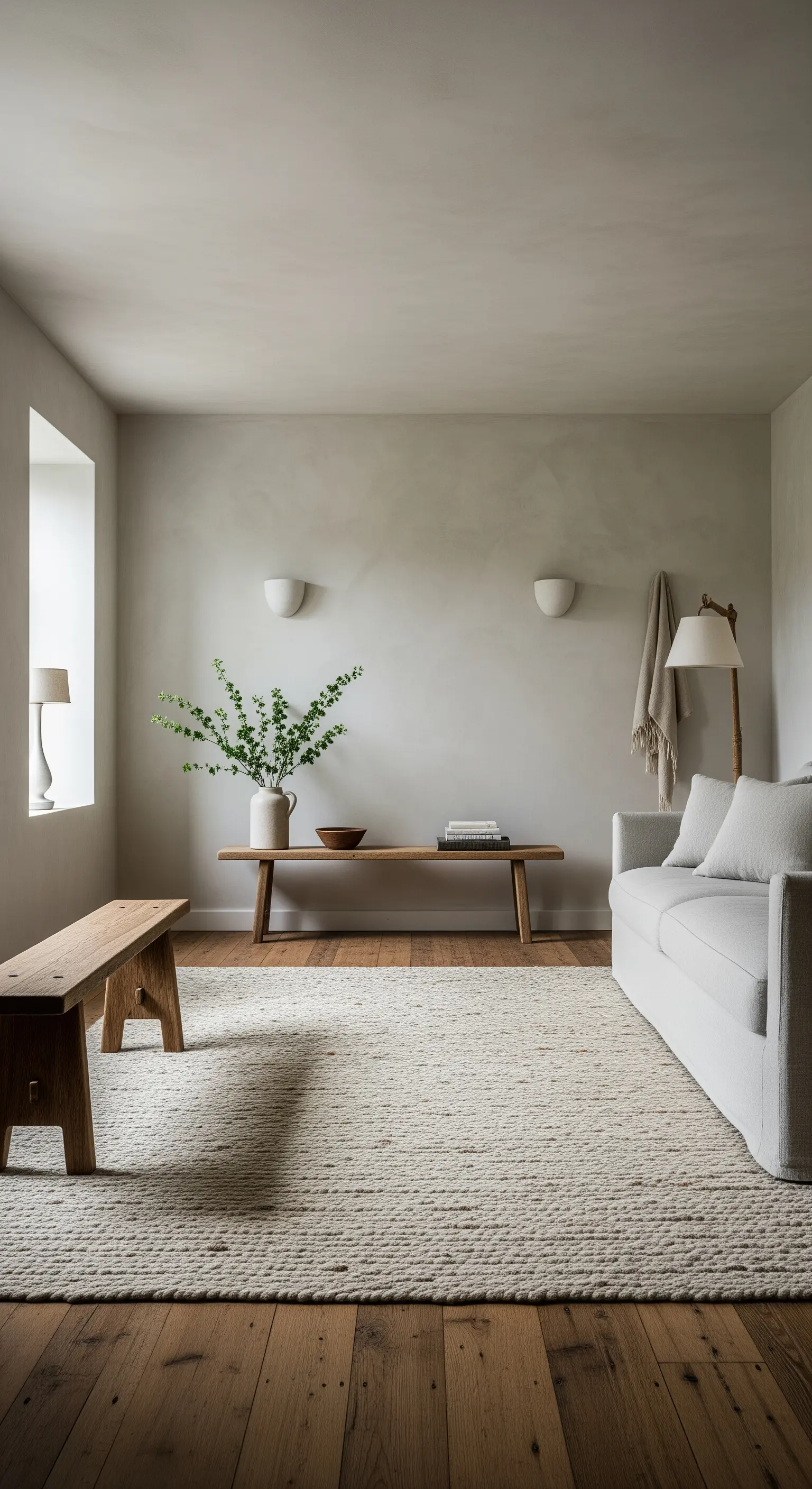 Minimalistischer Raum im Wabi-Sabi-Stil mit einem grob gewebten Wollteppich.