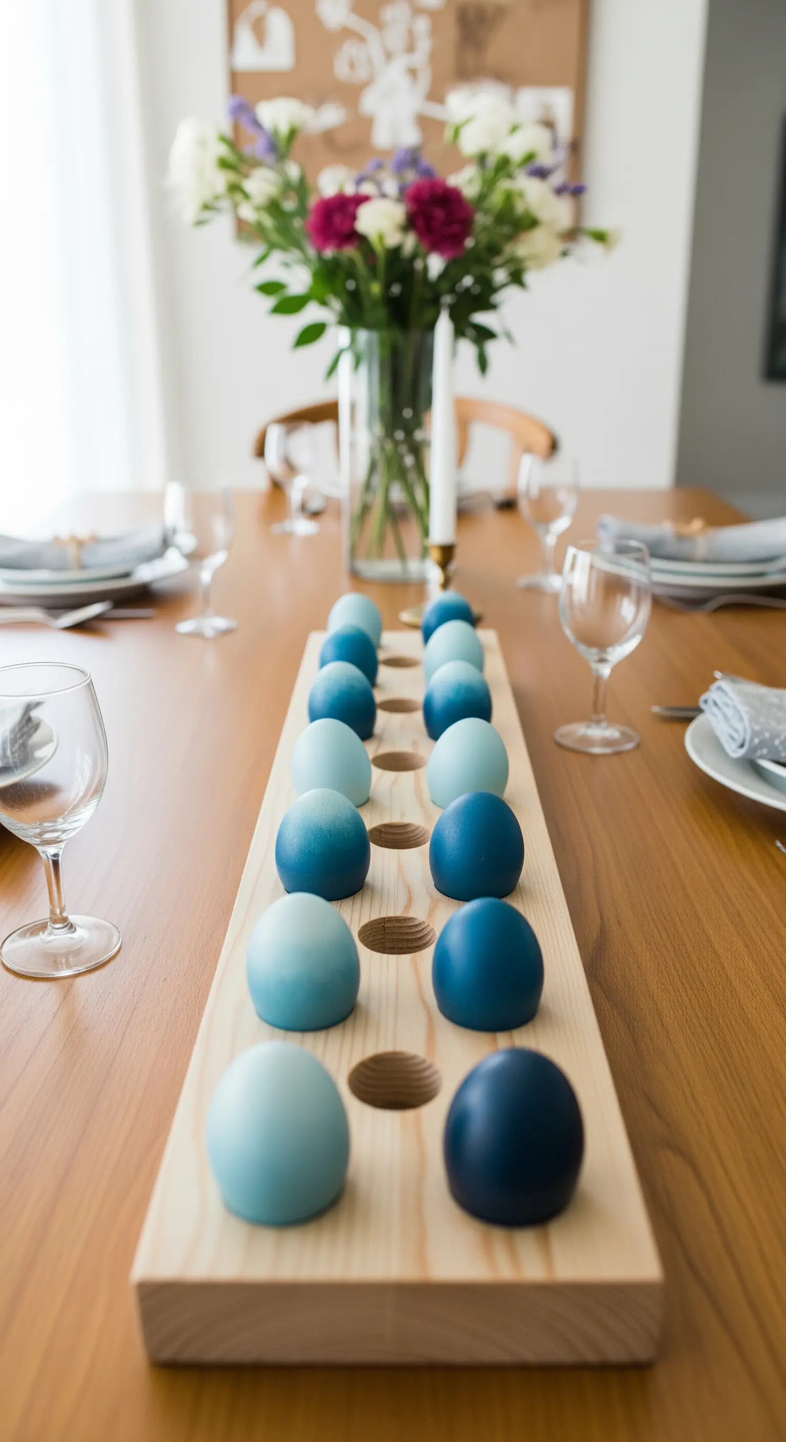 Ostereier in einem Holzhalter, die einen Farbverlauf von Hell- zu Dunkelblau zeigen