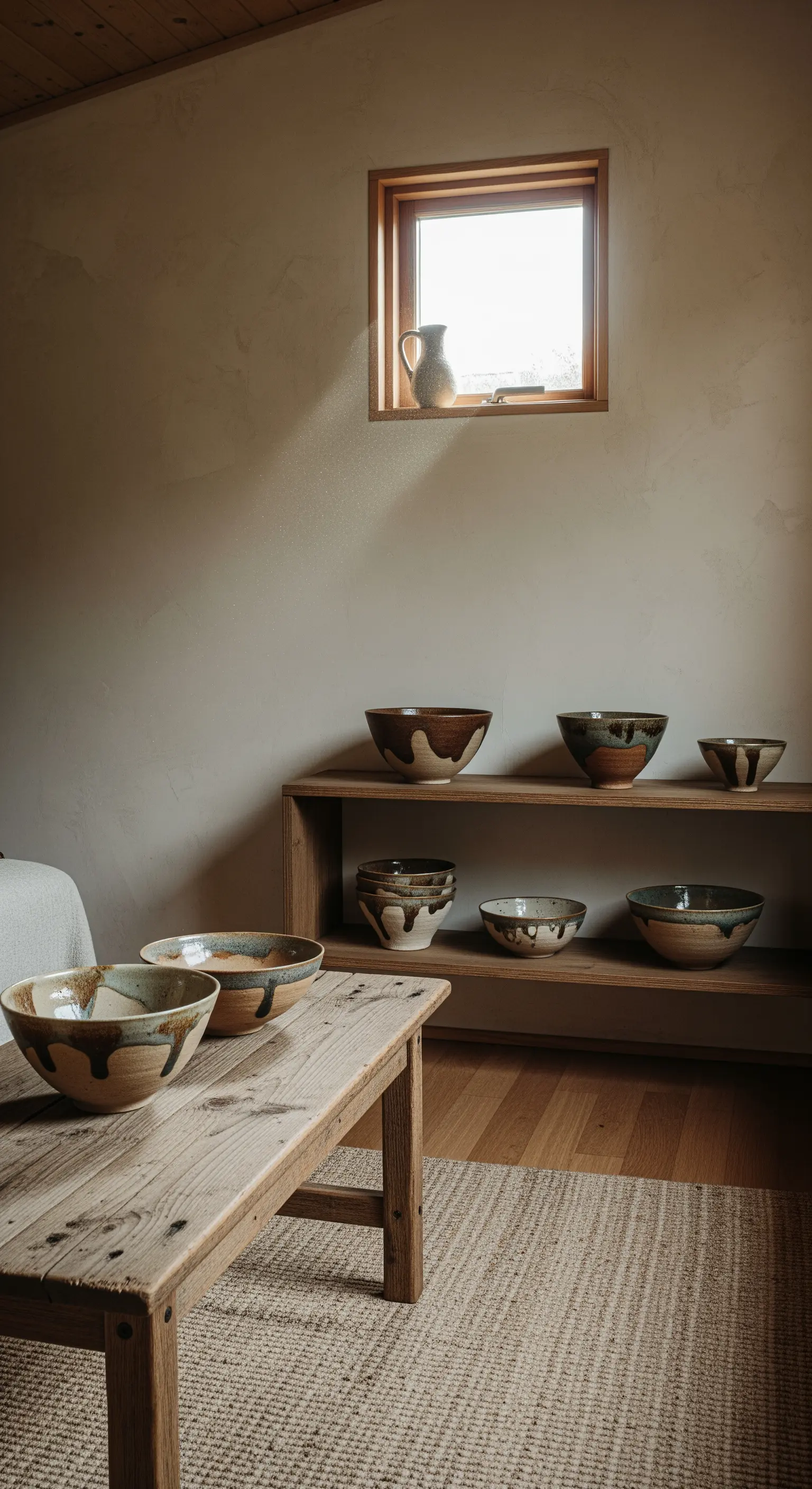 Handgefertigte Keramikschalen auf einem einfachen Holzregal vor einer strukturierten Wand.