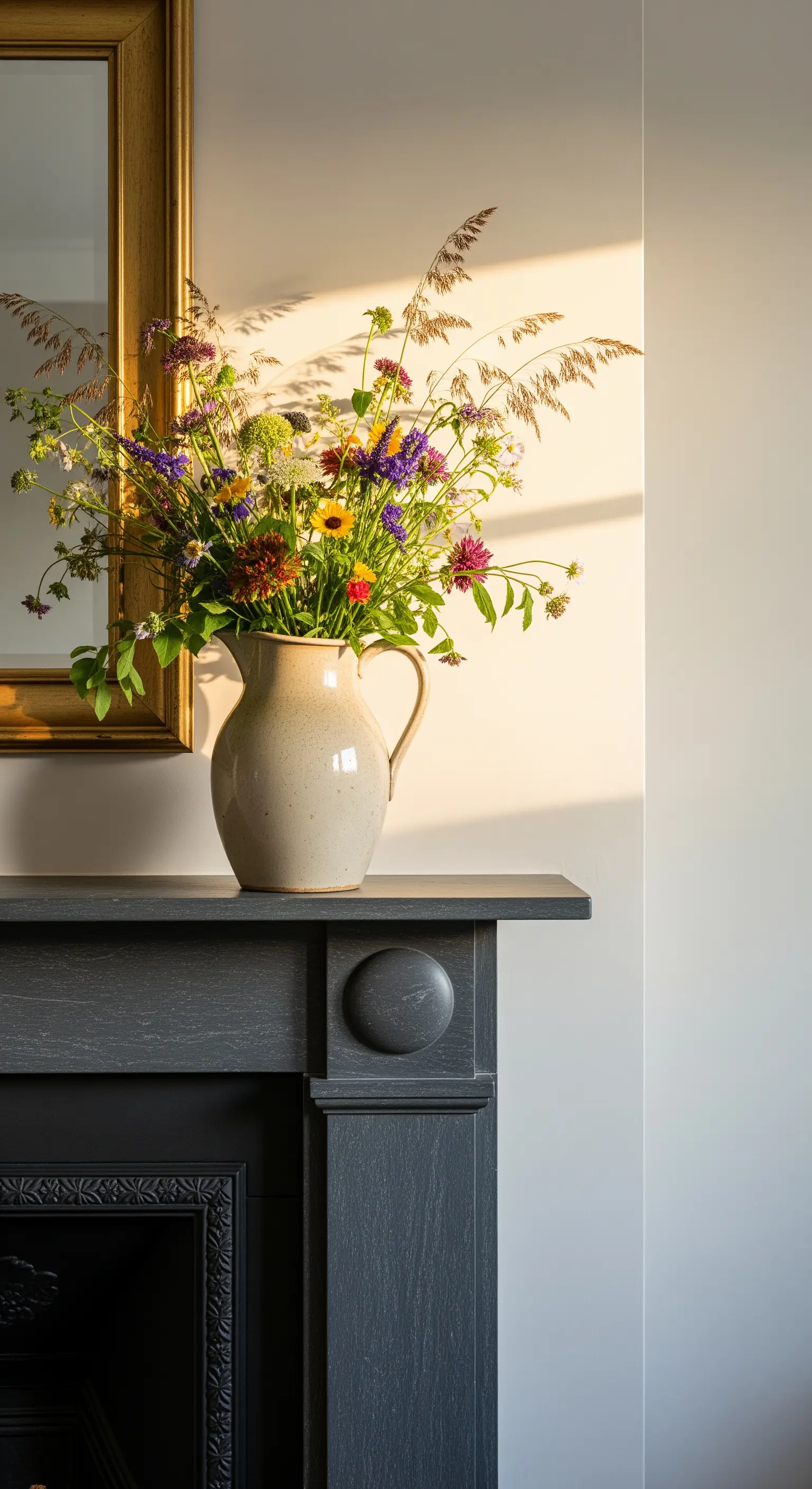 Ein beigefarbener Keramikkrug mit einem bunten Wiesenblumenstrauß im Sonnenlicht.