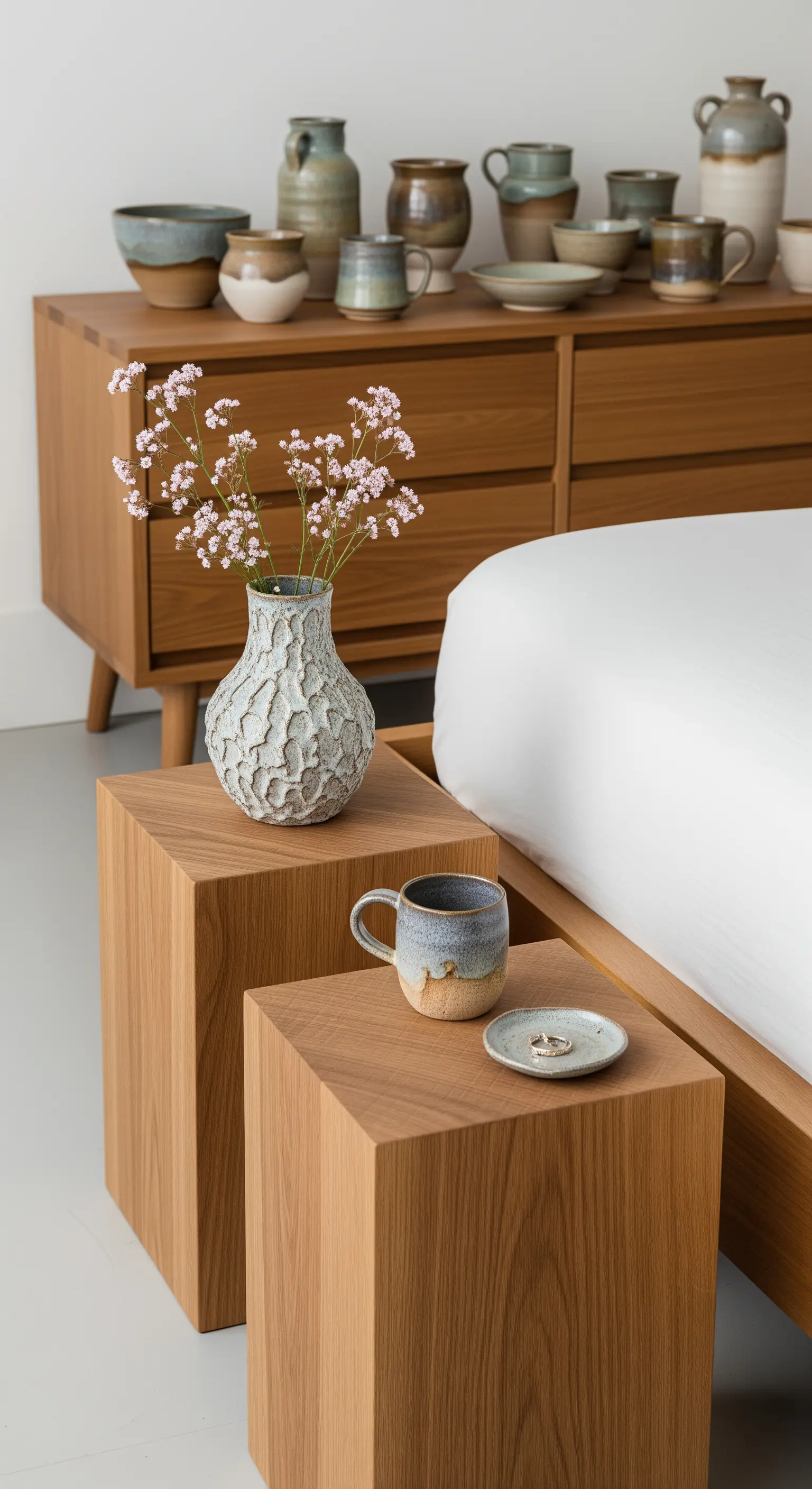 Detailaufnahme von Nachttischen aus Holzblöcken mit handgemachter Keramik und einer Vase