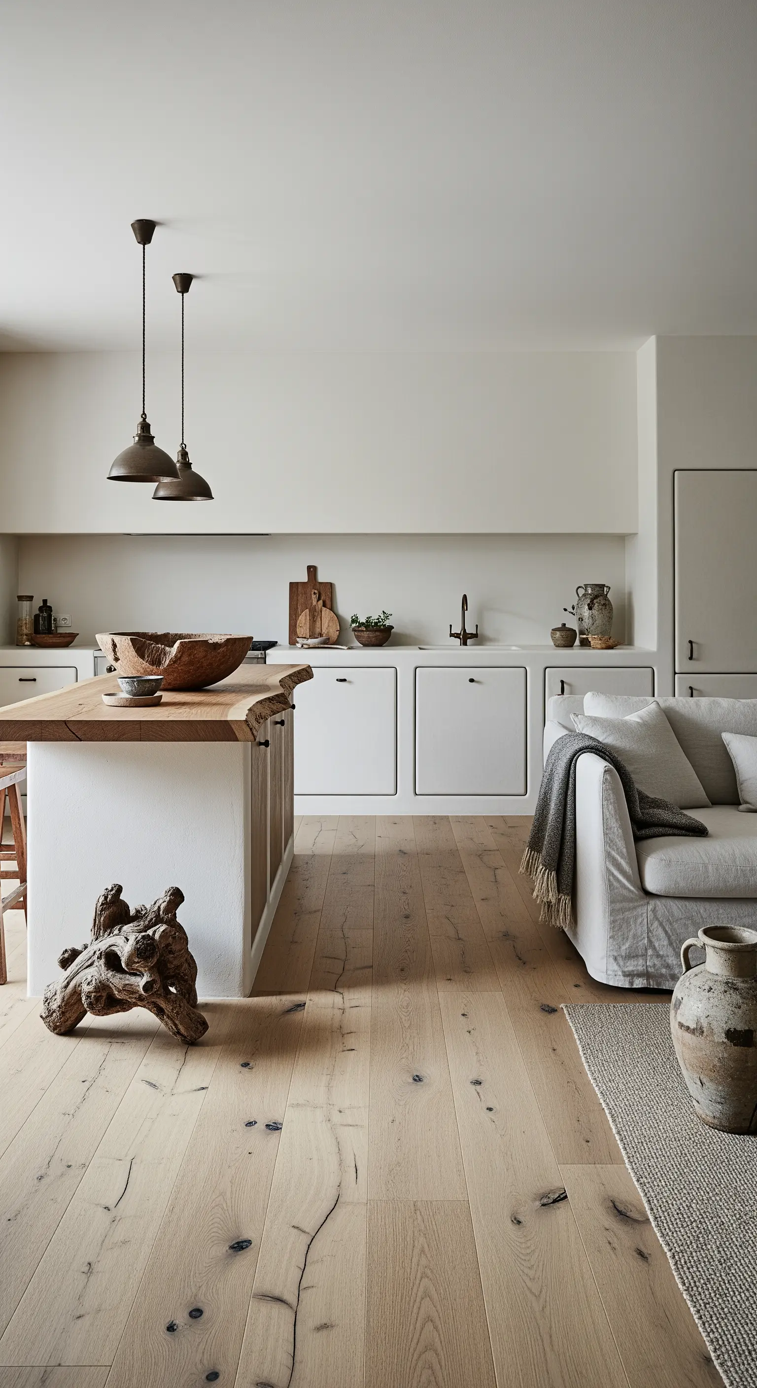 Wabi-Sabi-Wohnküche mit einer massiven Holzinsel und rustikalen Deko-Elementen.