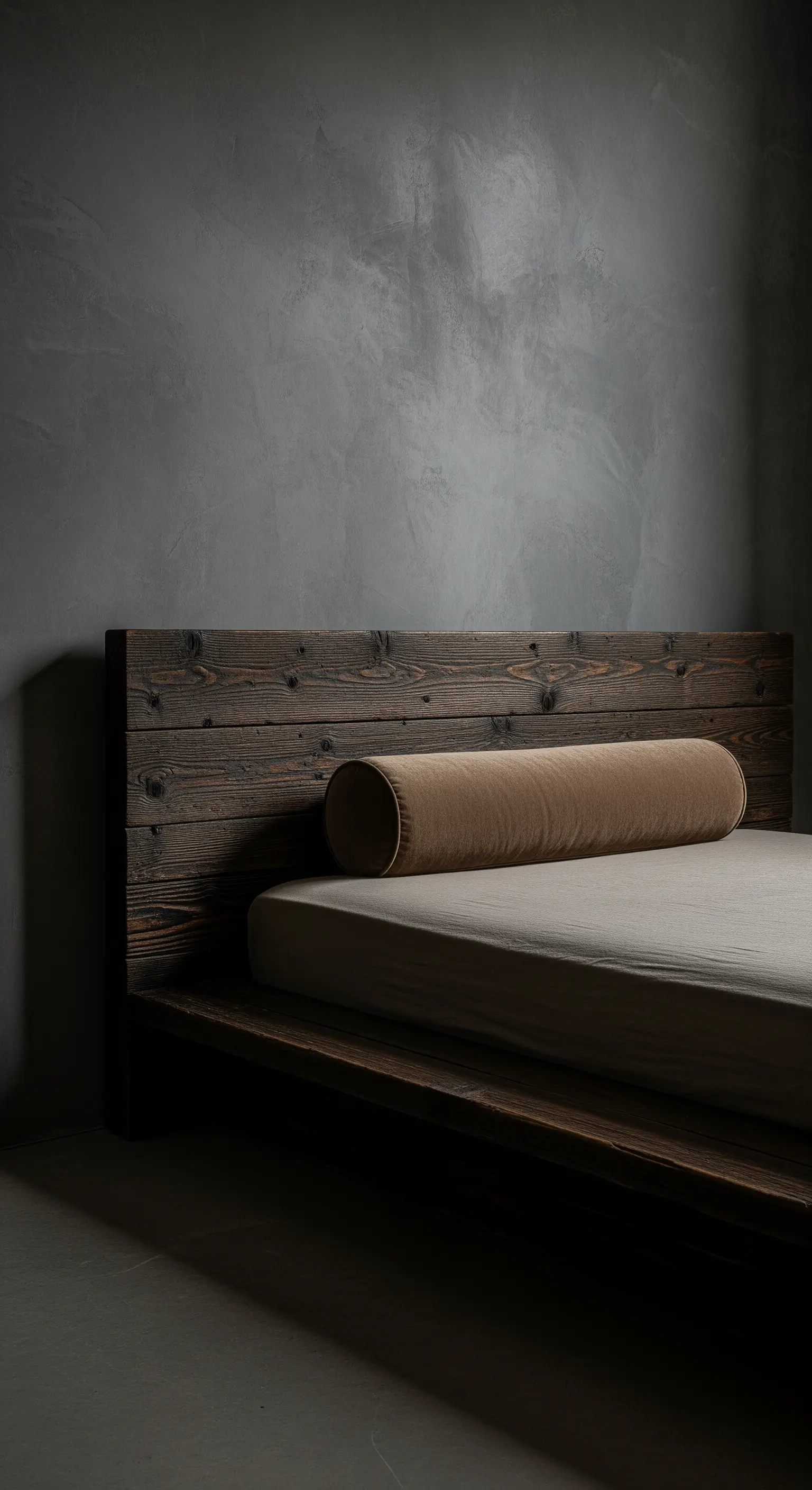 Minimalistisches Bett aus dunklem Altholz mit einer samtigen Nackenrolle vor einer Betonwand