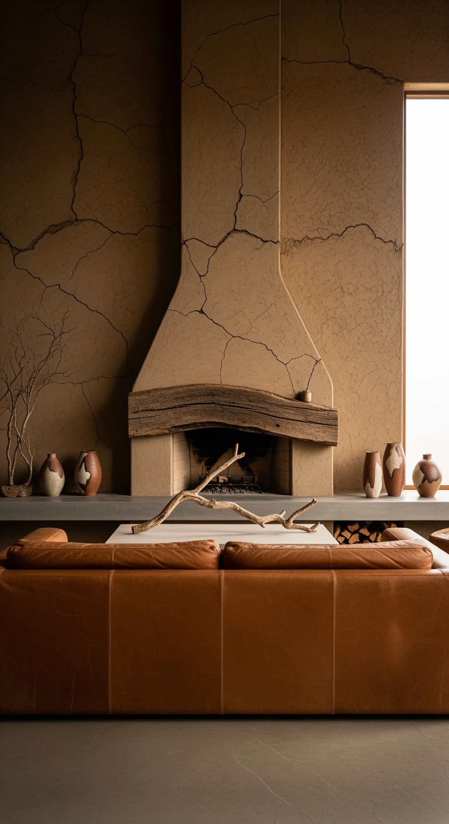 Kamin mit Wand in rissiger Erd-Optik im Wabi-Sabi-Stil und organischen Deko-Elementen.