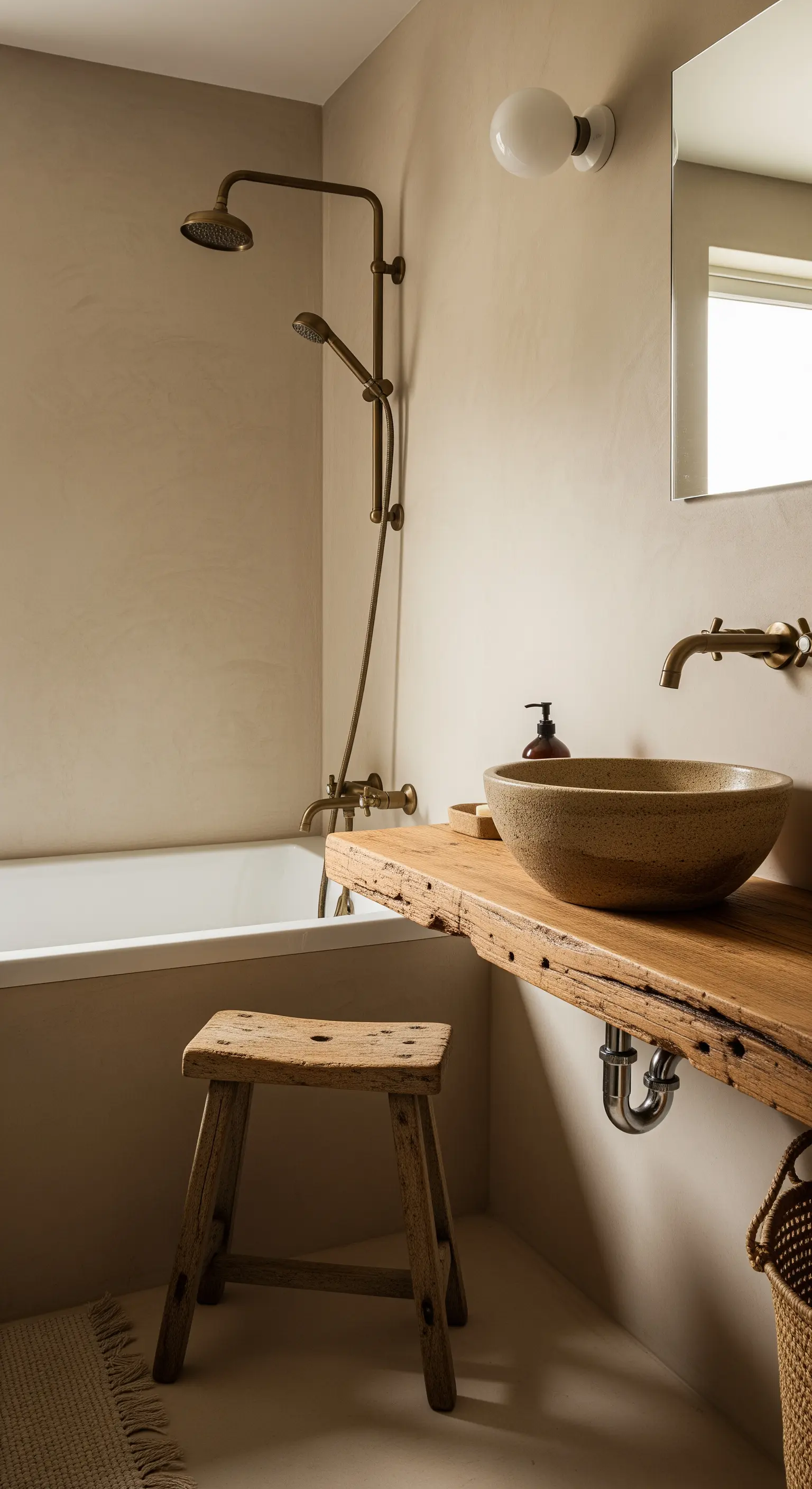 Rustikales Badezimmer mit Waschtisch aus Altholz und Naturstein-Waschbecken.