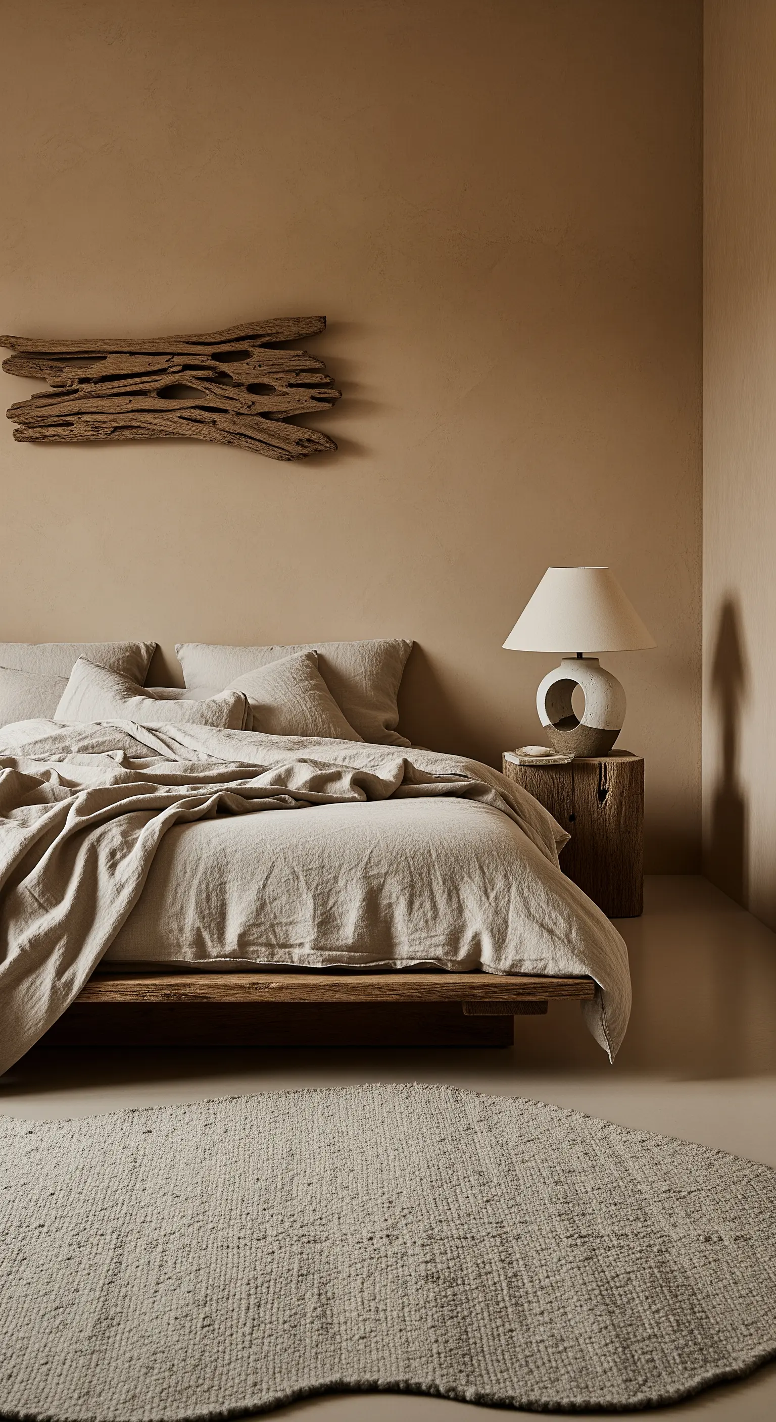 Wabi-Sabi-Schlafzimmer mit texturierten Wänden, Leinenbettwäsche und rohem Holznachttisch.