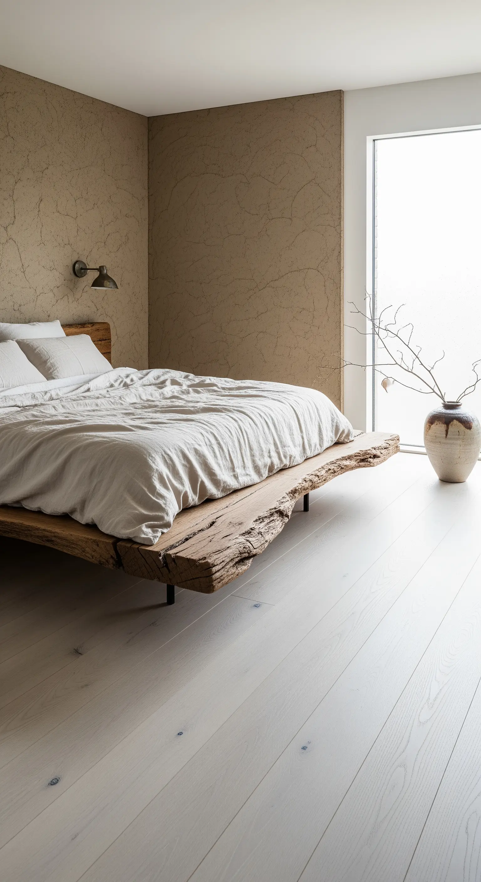 Bett aus rohem Holz vor einer texturierten Lehmwand in einem hellen Raum.