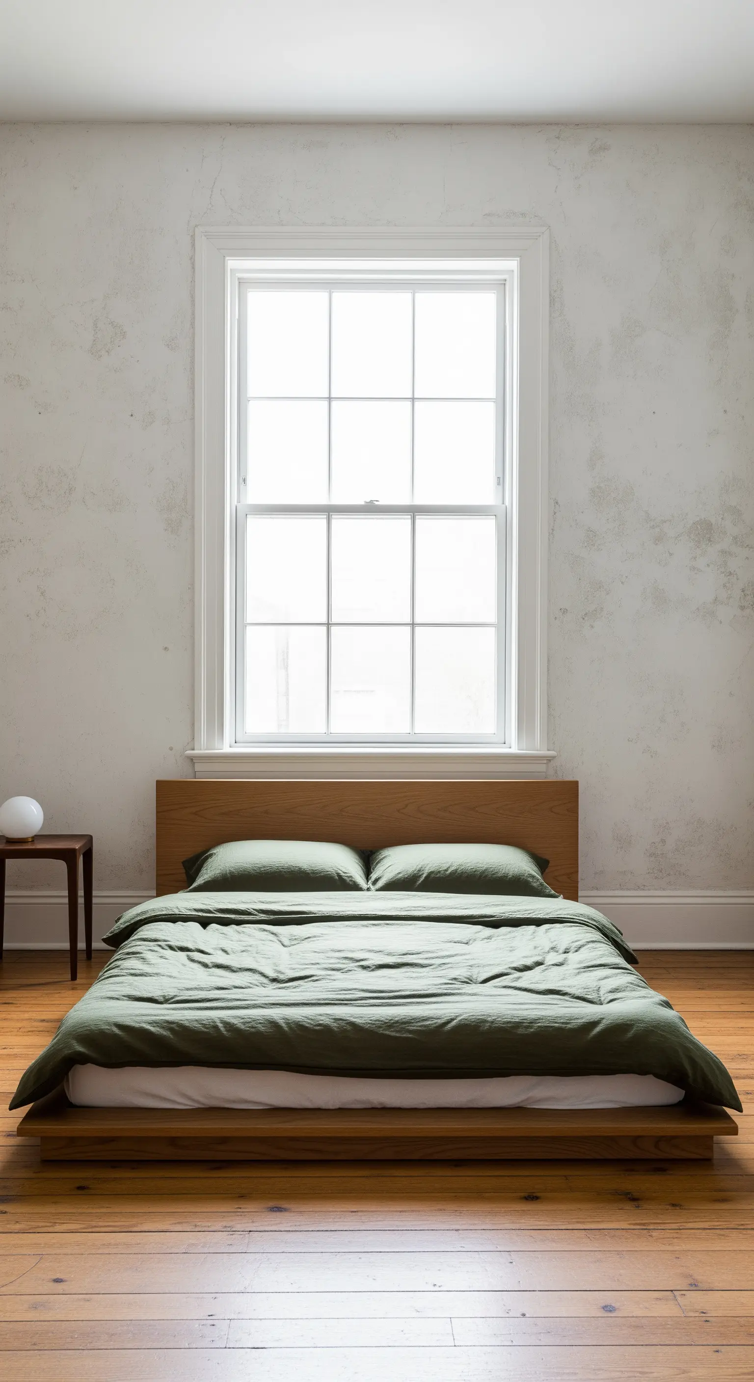 Schlafzimmer mit einem niedrigen Holzbett vor einer alten, texturierten Wand.