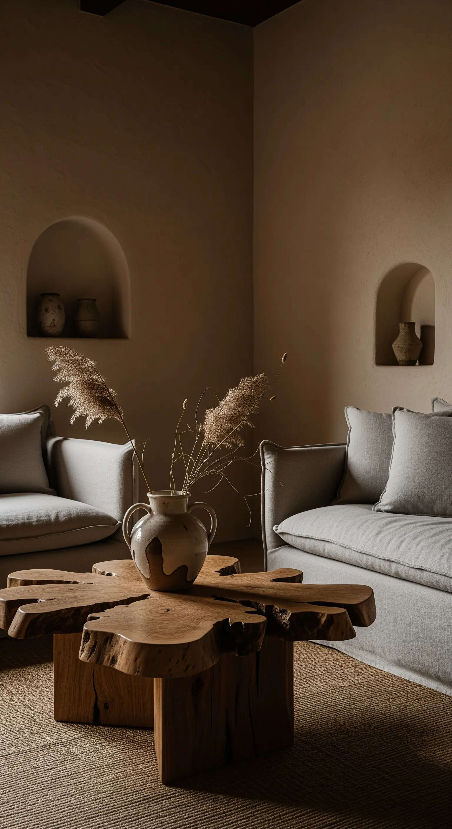 Wohnzimmer in Erdtönen mit einem organisch geformten Holztisch und Trockengräsern in einer Vase.