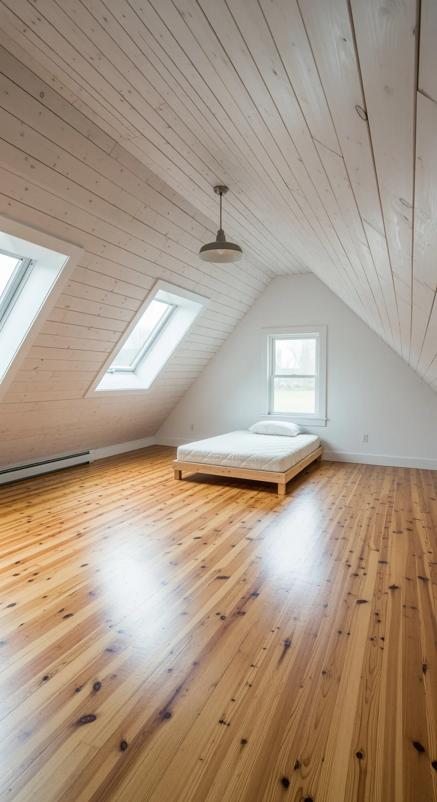 Helles Dachgeschoss-Schlafzimmer mit Holzboden und -decke sowie einem niedrigen Bett