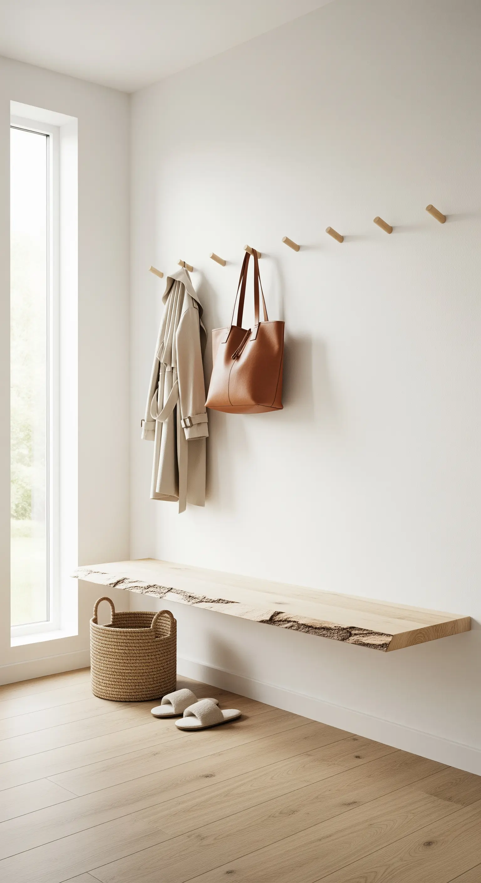Minimalistische Garderobe mit schwebender Holzbank und einzelnen Haken