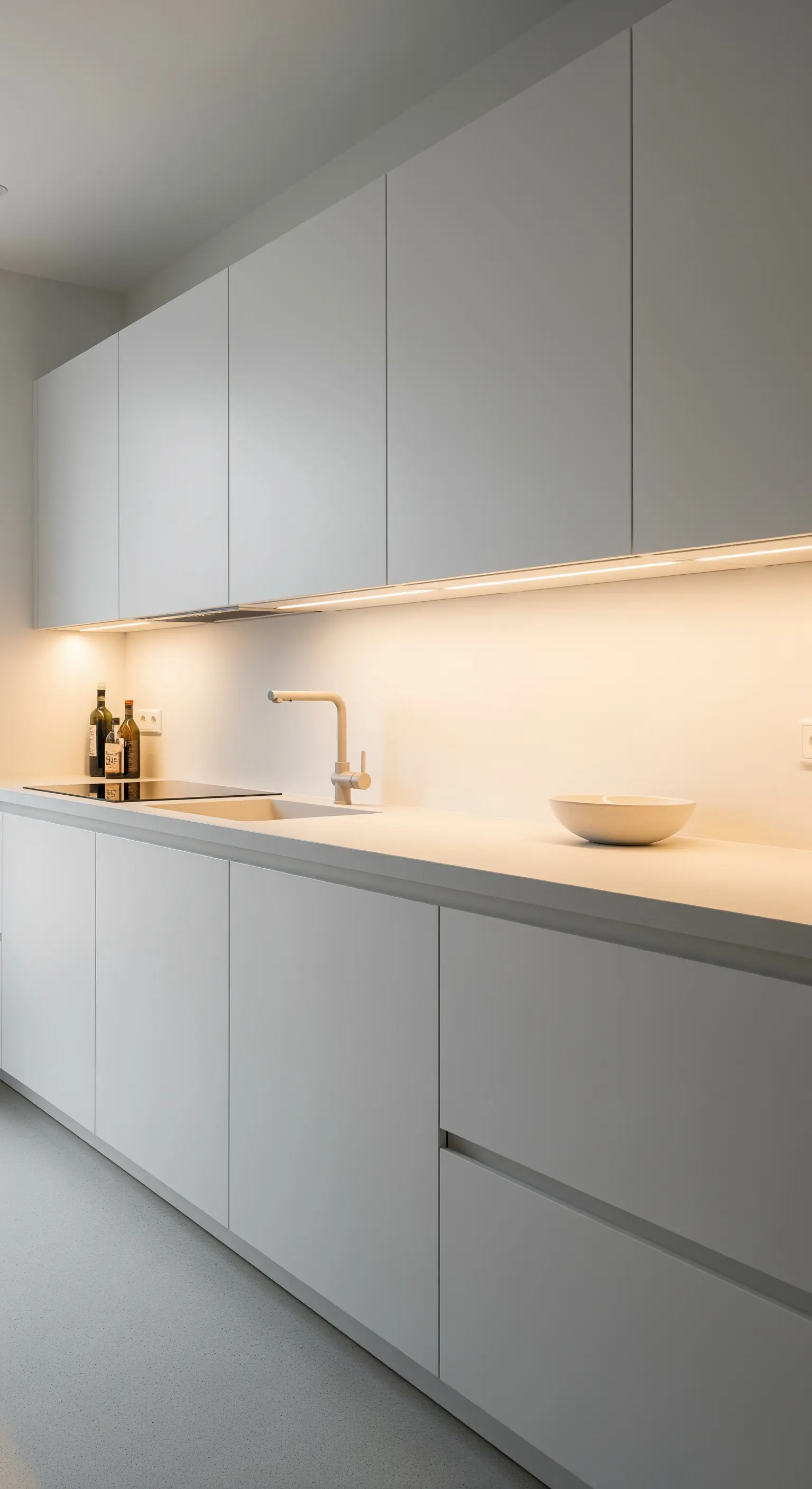 Eine durchgehende LED-Lichtleiste beleuchtet die Arbeitsfläche einer weißen, minimalistischen Küche.