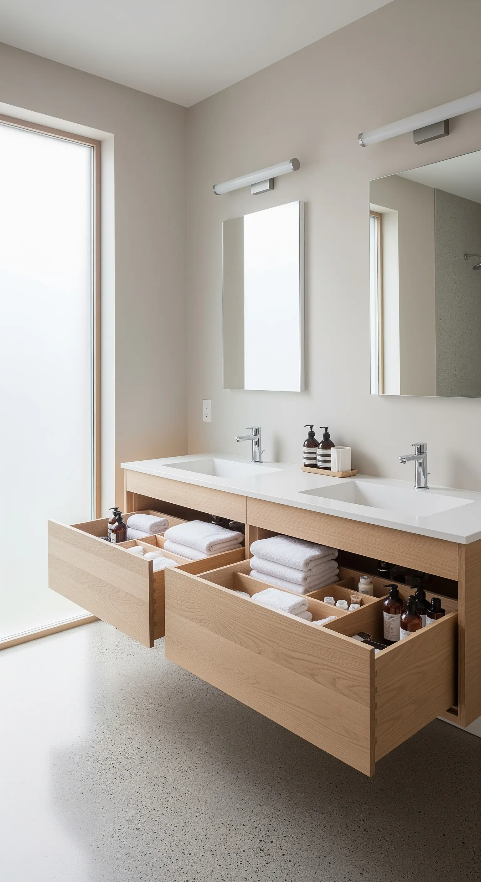 Schwebender Waschtischunterschrank aus Holz mit offenen, organisierten Schubladen.