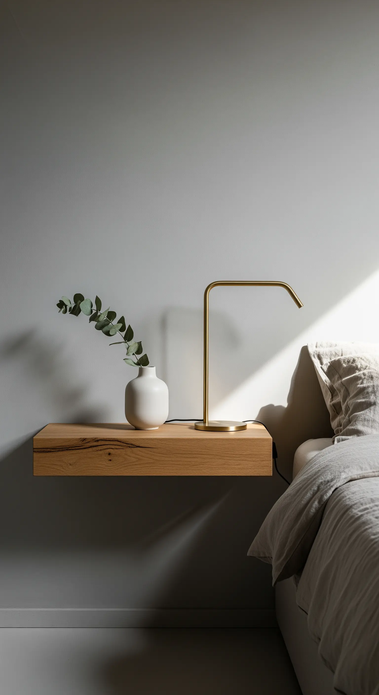 Schwebender Nachttisch aus Eichenholz mit Messinglampe und Eukalyptuszweig.