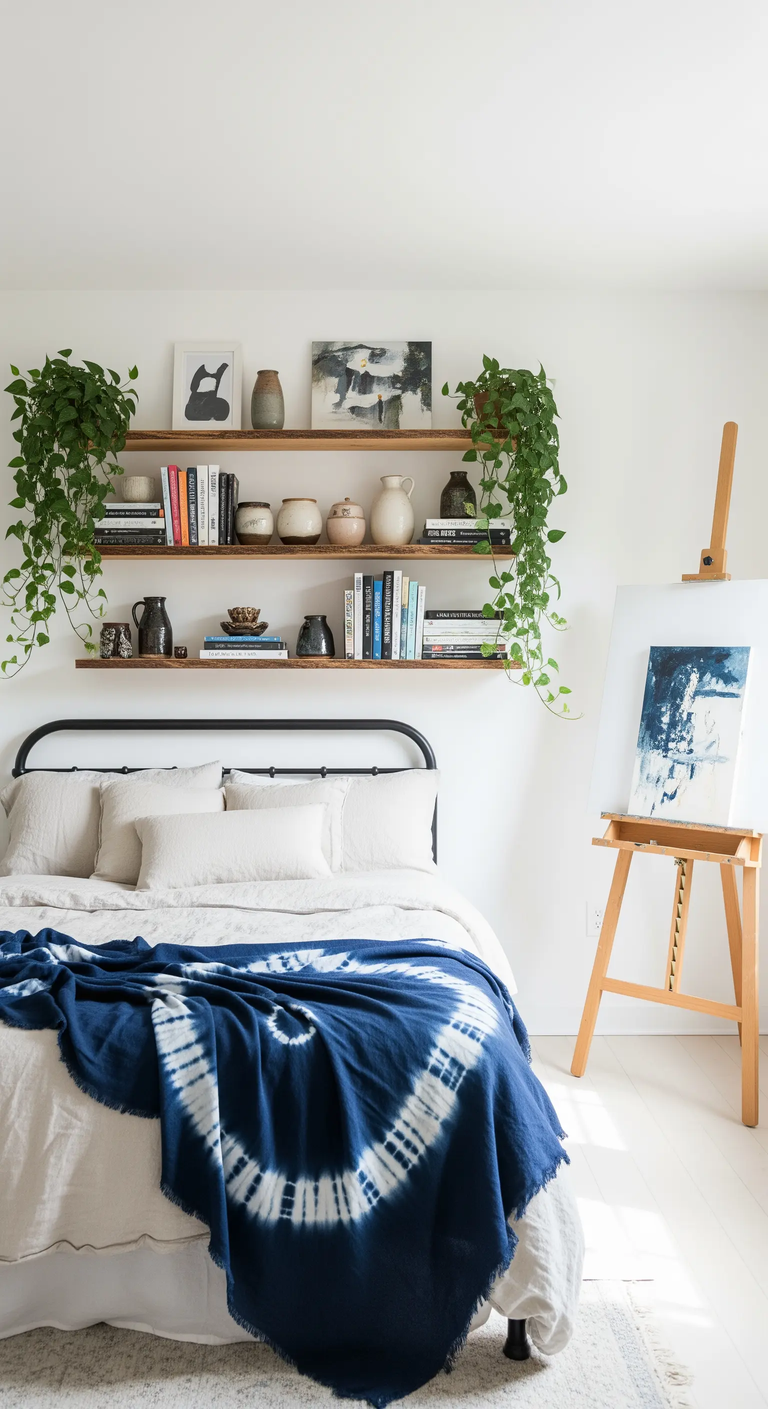 Schlafzimmer mit offenen Holzregalen voller Bücher und Pflanzen über dem Bett