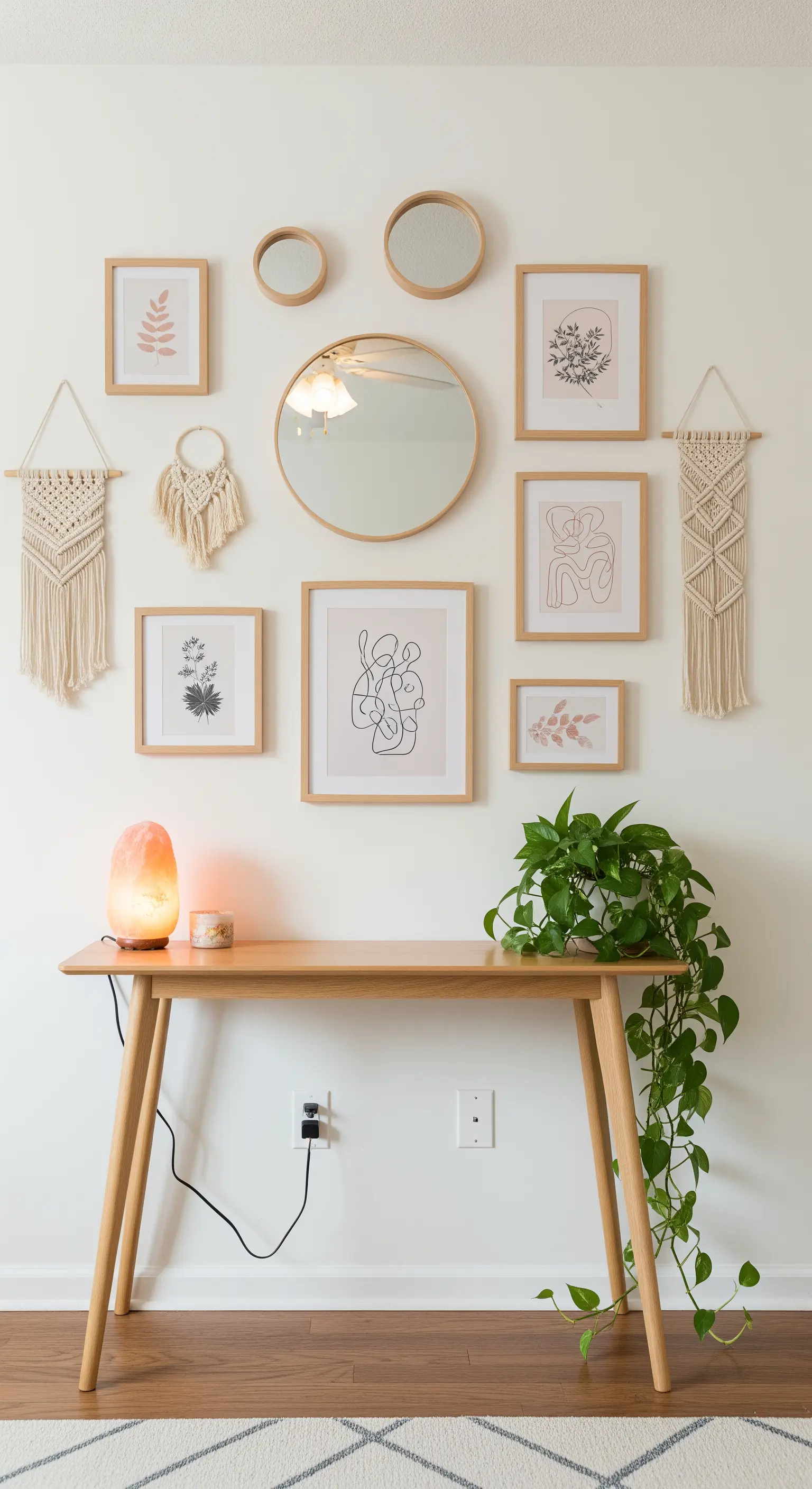 Helle Bilderwand mit Holzrahmen, kleinen runden Spiegeln und Makramee-Elementen.