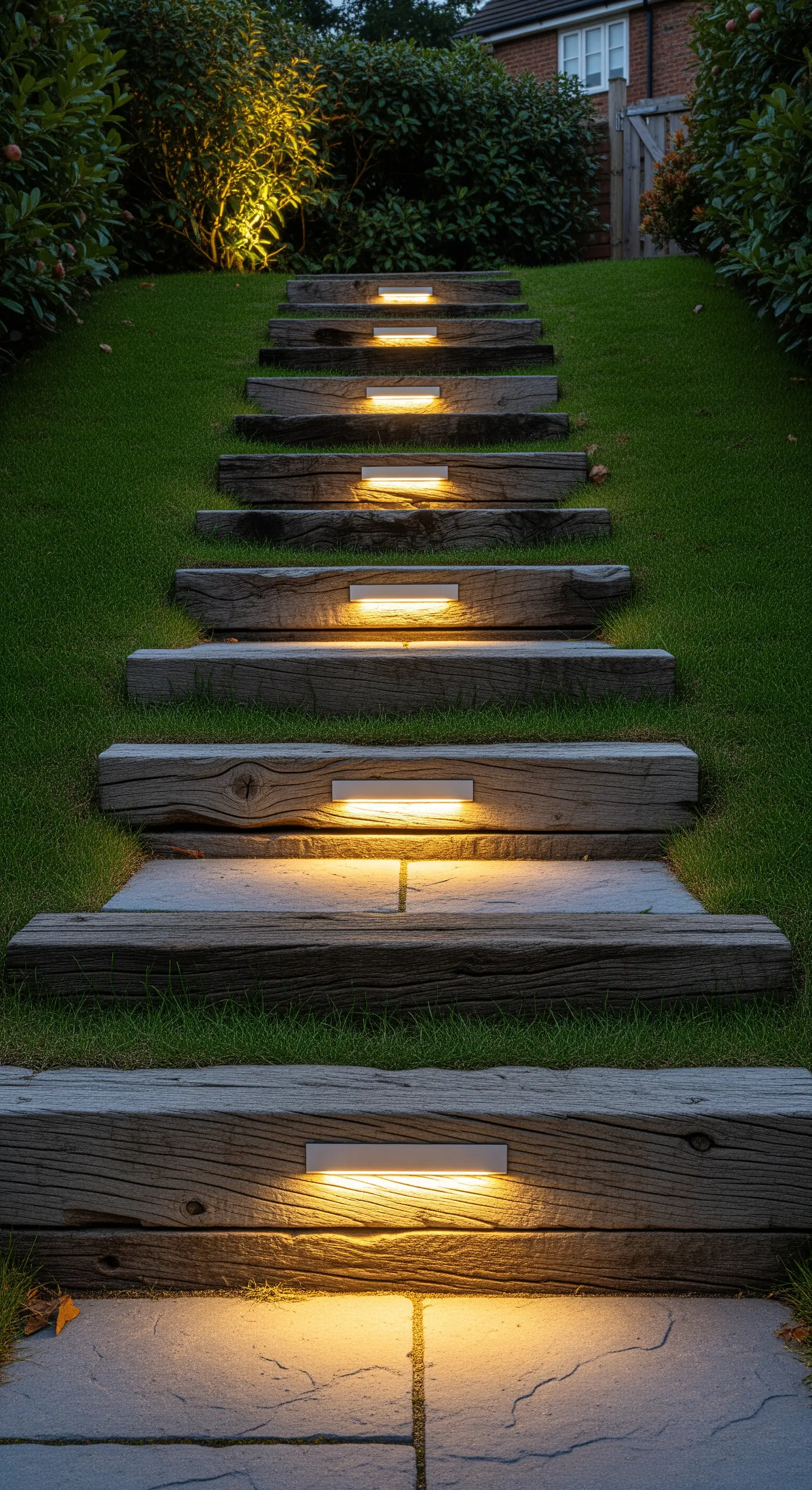 In die Holzstufen einer Gartentreppe eingelassene LED-Leisten beleuchten den Weg nach oben.