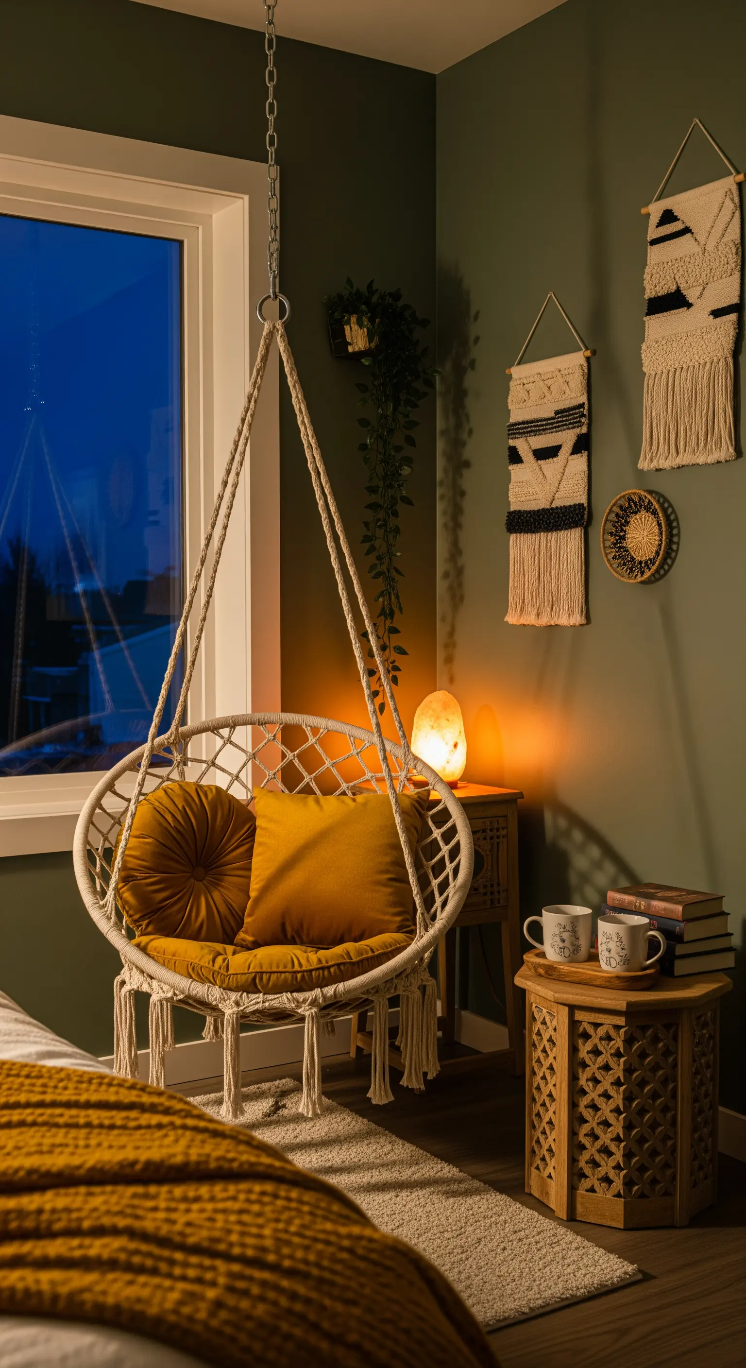 Makramee Hängesessel in einer Ecke mit grüner Wandfarbe und warmem Salzlampen-Licht