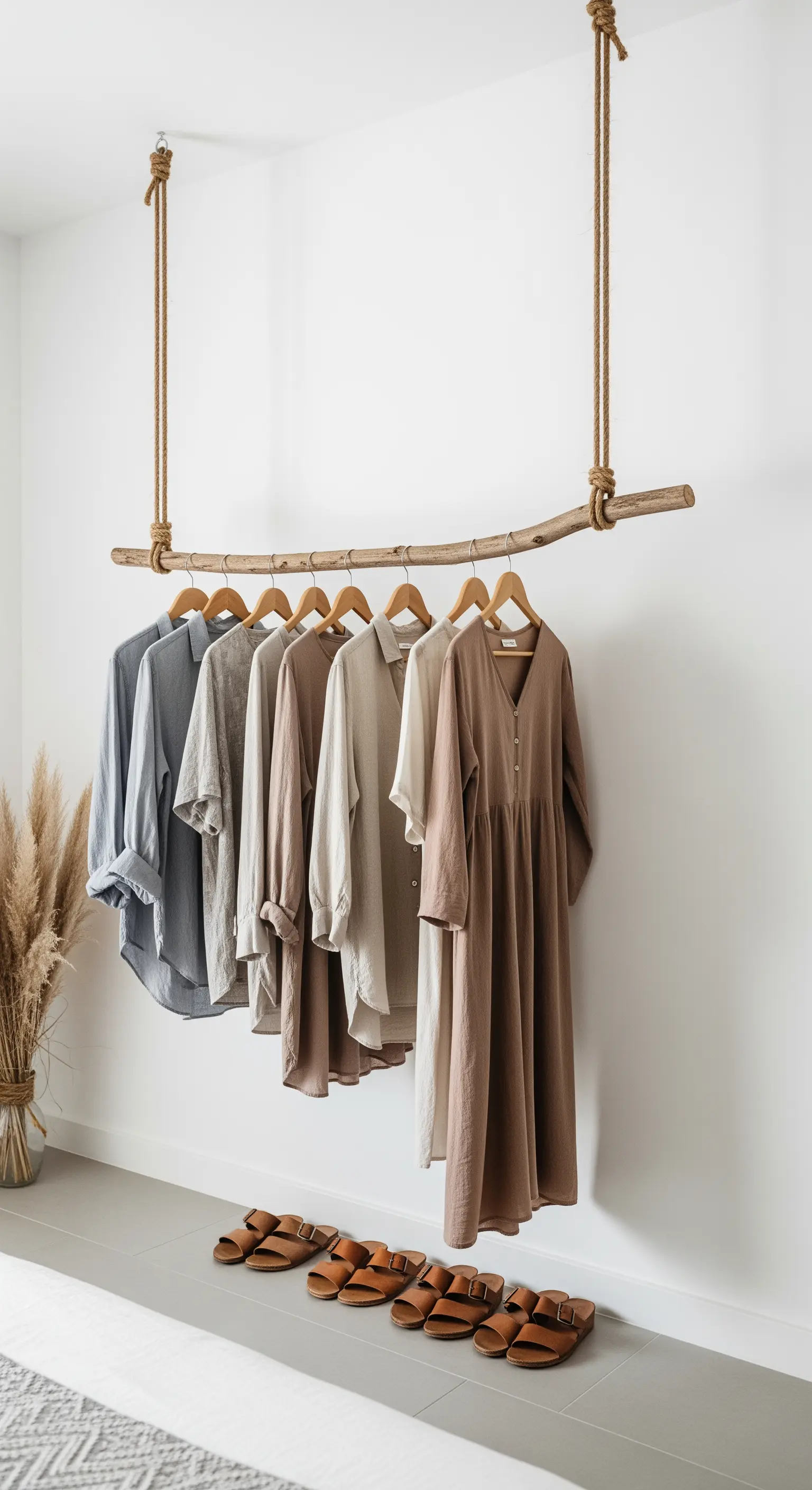 DIY-Kleiderstange aus einem Ast, die mit Seilen von der Decke hängt.