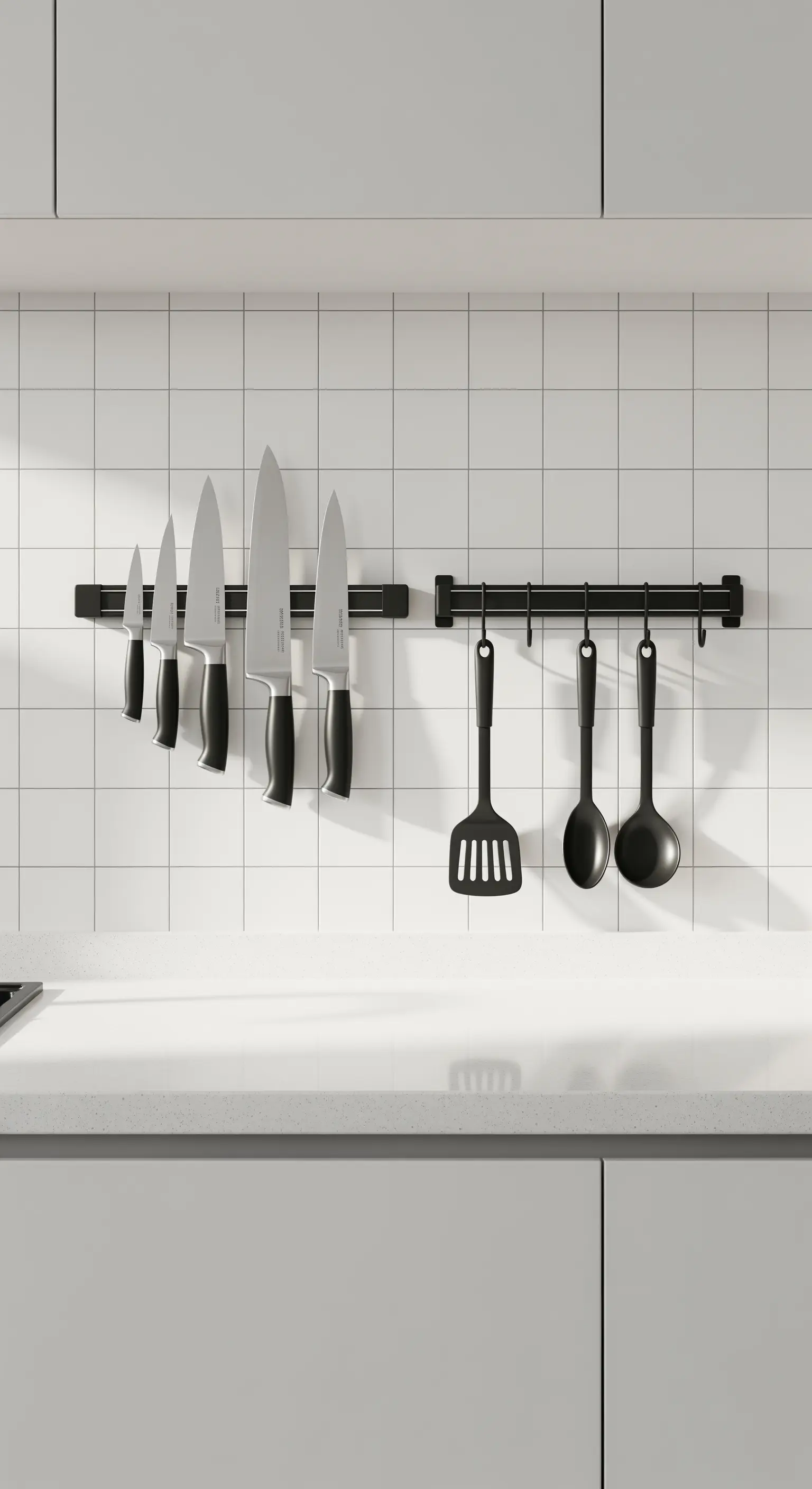 Schwarze magnetische Messerleiste und Hängeschiene für Kochbesteck an einer weißen Fliesenwand.