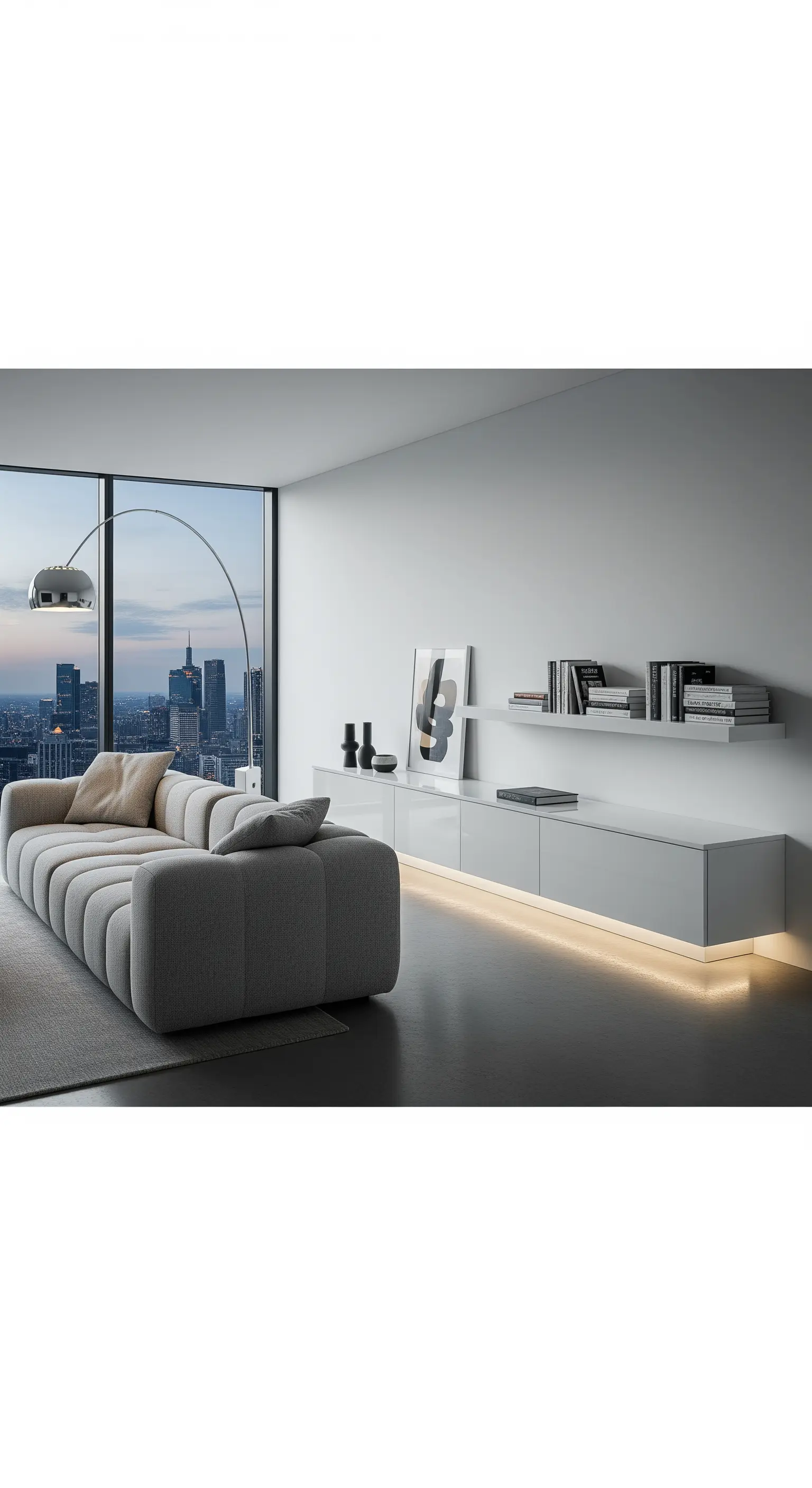 Schwebe-Effekt durch LED-Lichtleiste unter weißem Hochglanz-Sideboard in einem minimalistischen Raum.