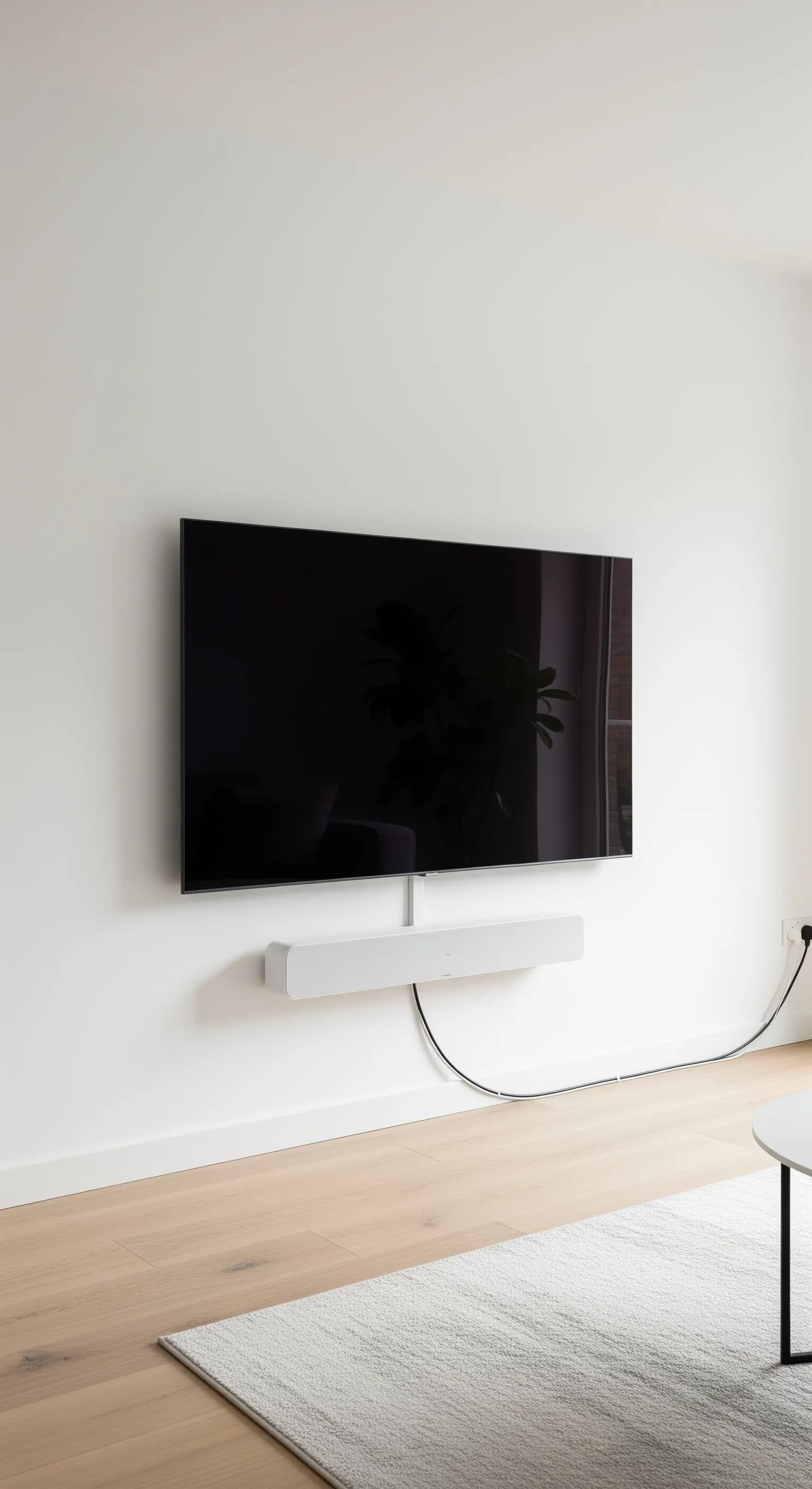 Wandmontierter Fernseher mit weißem Kabelkanal und schwebender Soundbar an einer weißen Wand.