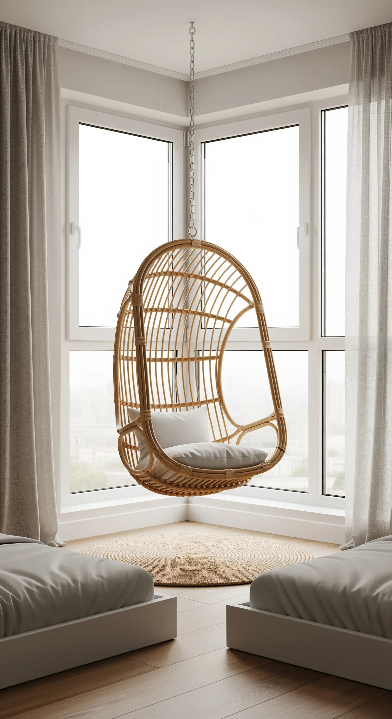 Hängesessel aus Rattan in einer hellen Fensterecke, platziert auf einem runden Jute-Teppich.