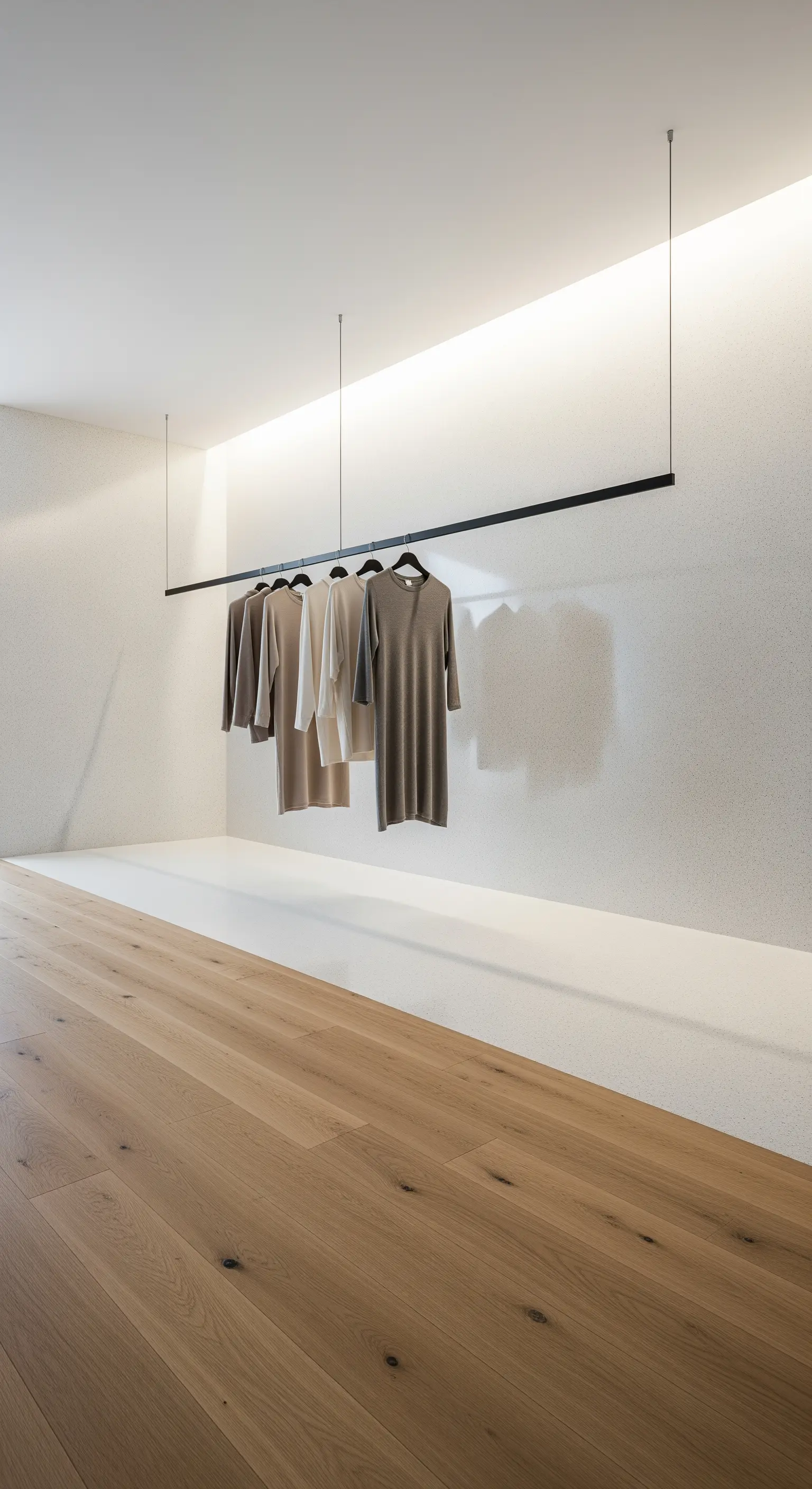 Minimalistische hängende Kleiderstange mit indirekter Deckenbeleuchtung