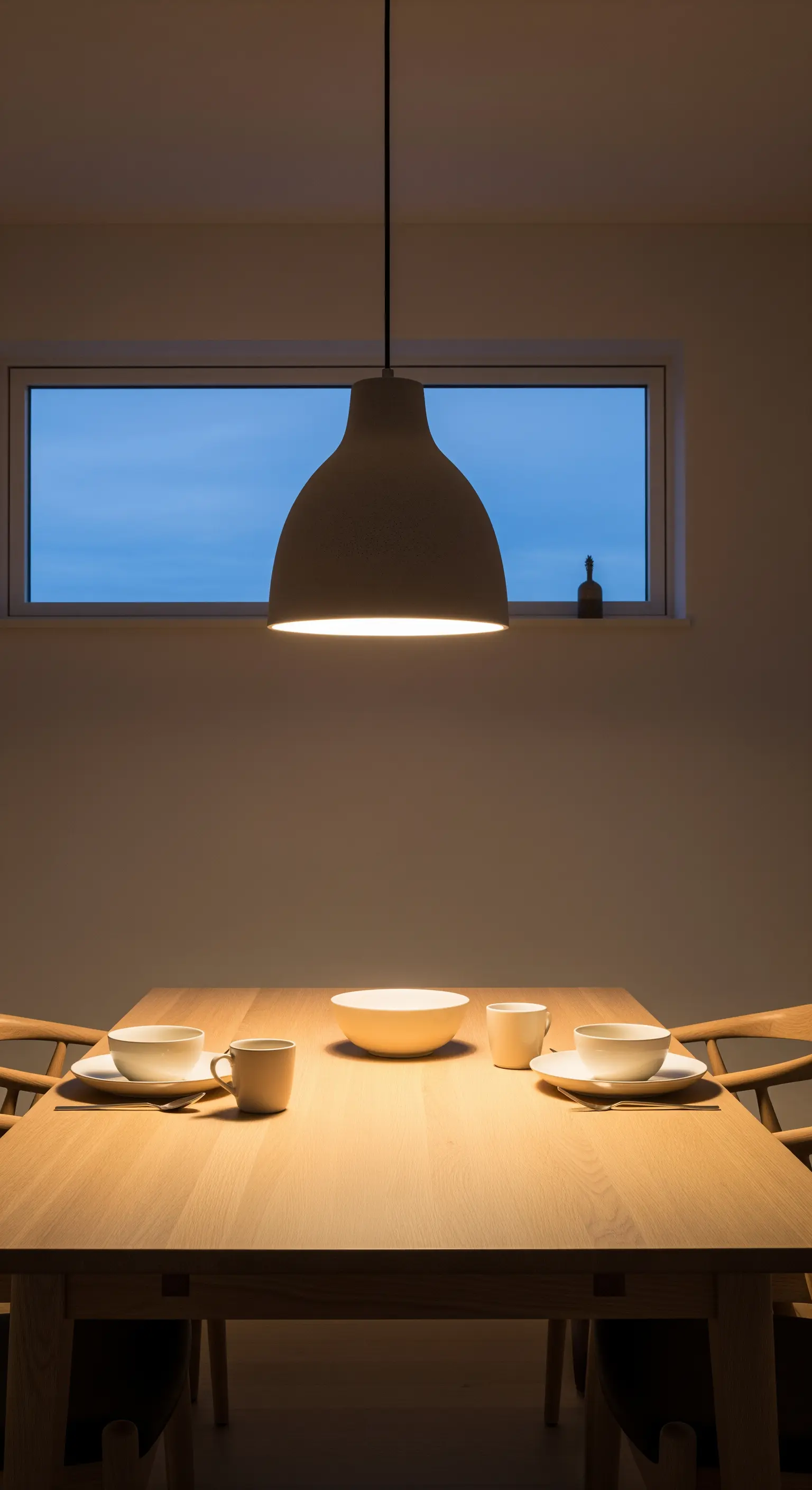 Eine große, matte Pendelleuchte hängt tief über einem minimalistisch gedeckten Esstisch.