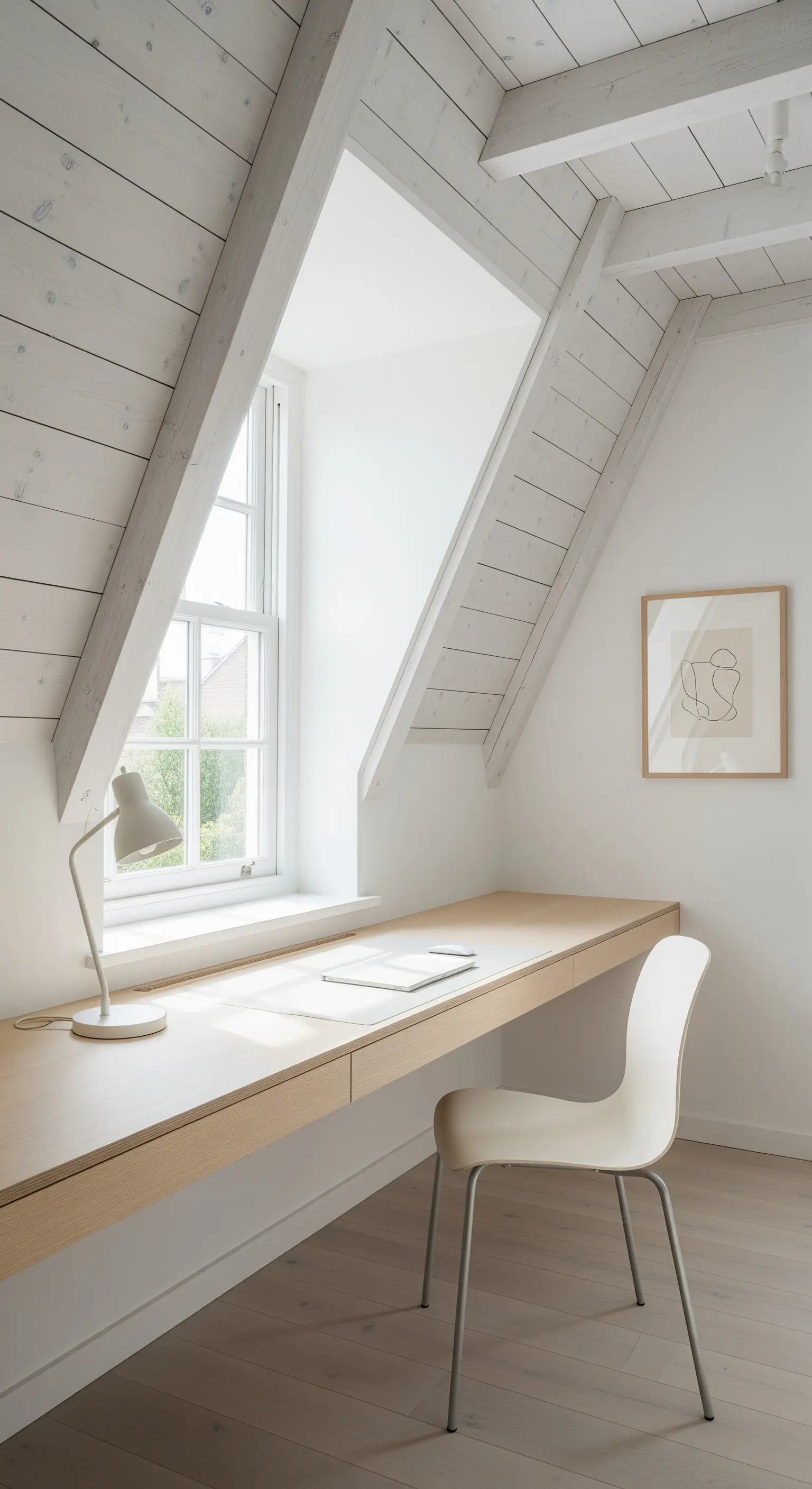 Heller Arbeitsplatz mit schwebendem Holztisch unter einer Dachschräge und weißem Design-Stuhl.