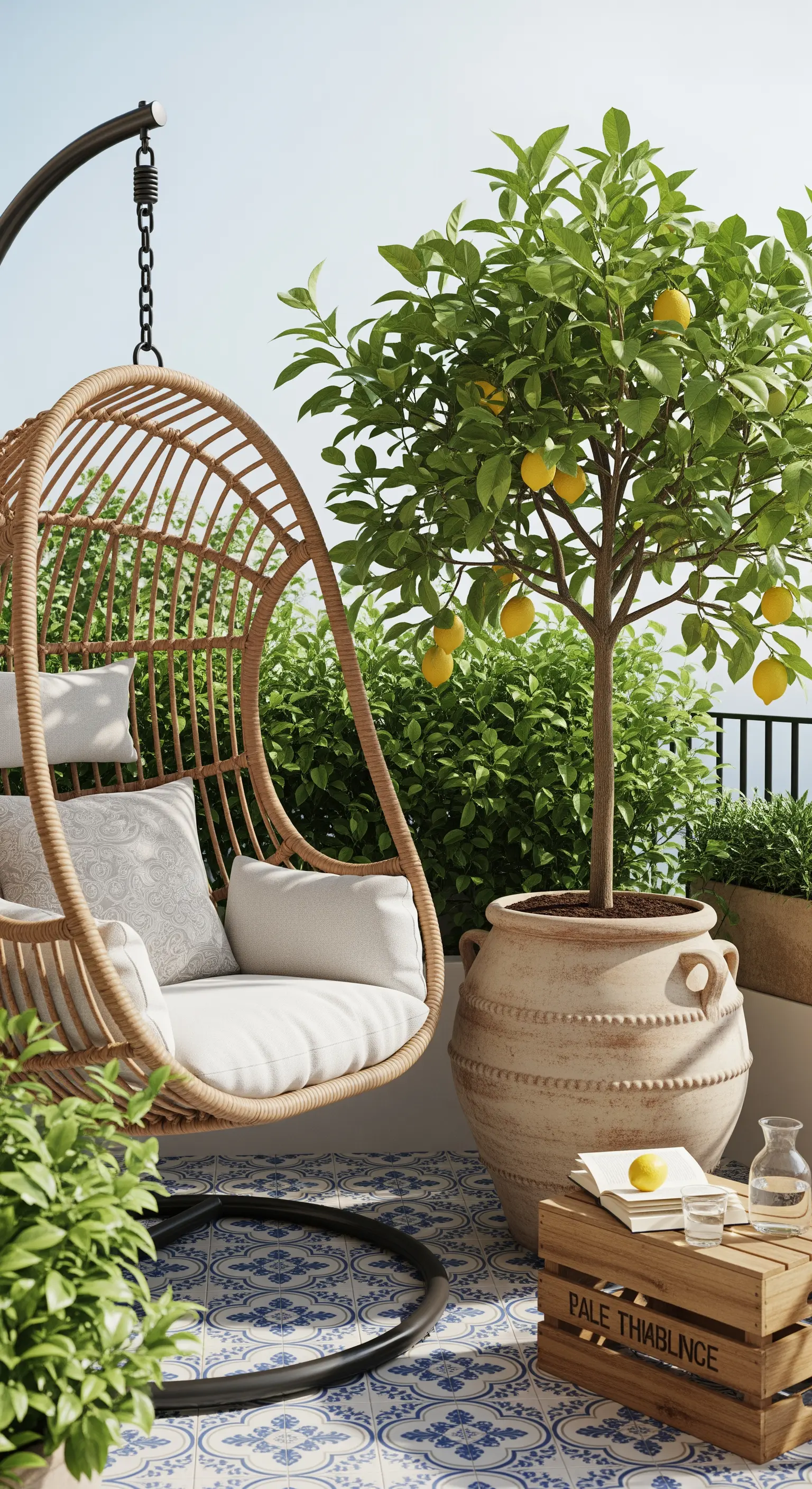 Mediterraner Balkon mit Hängesessel aus Rattan und Zitronenbaum in Terrakottatopf.