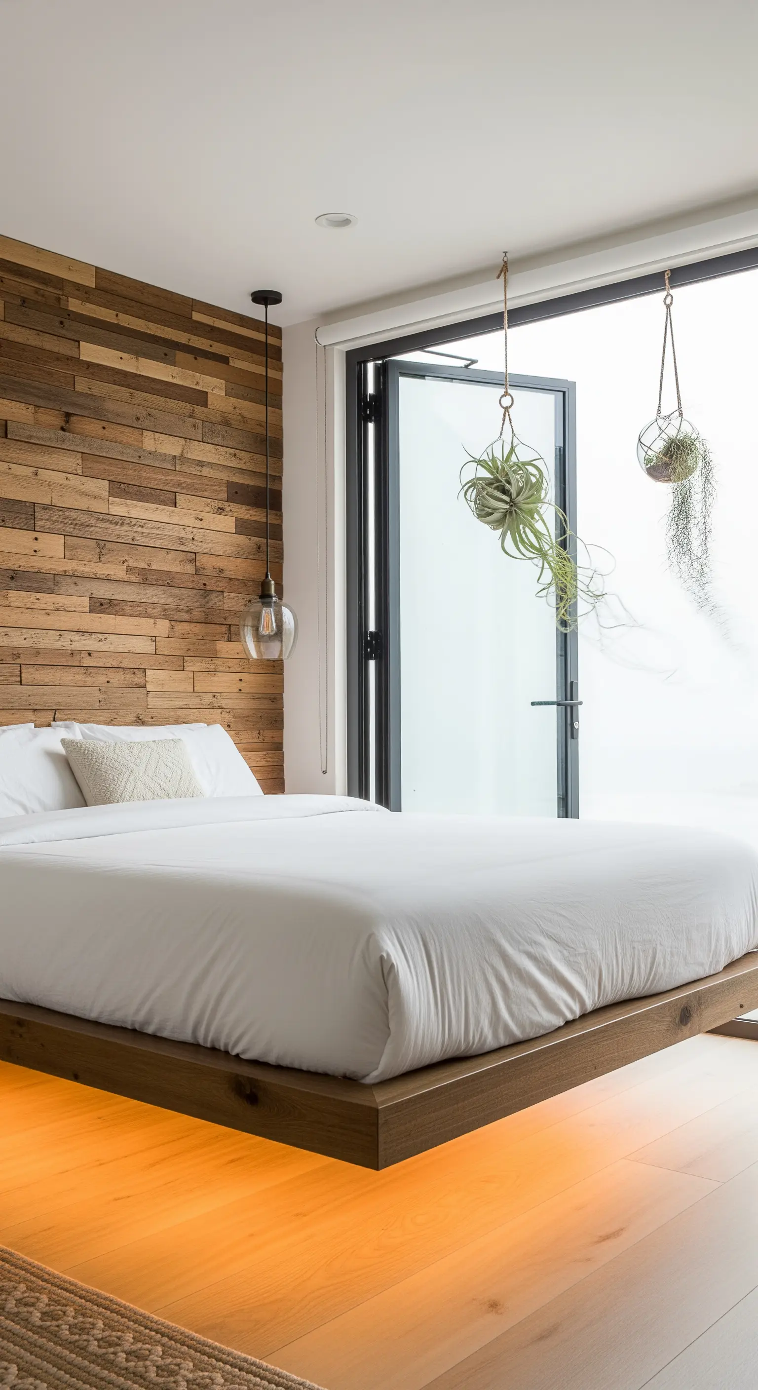 Modernes Schlafzimmer mit einem schwebenden Bett mit LED-Beleuchtung und einer Holzwand.