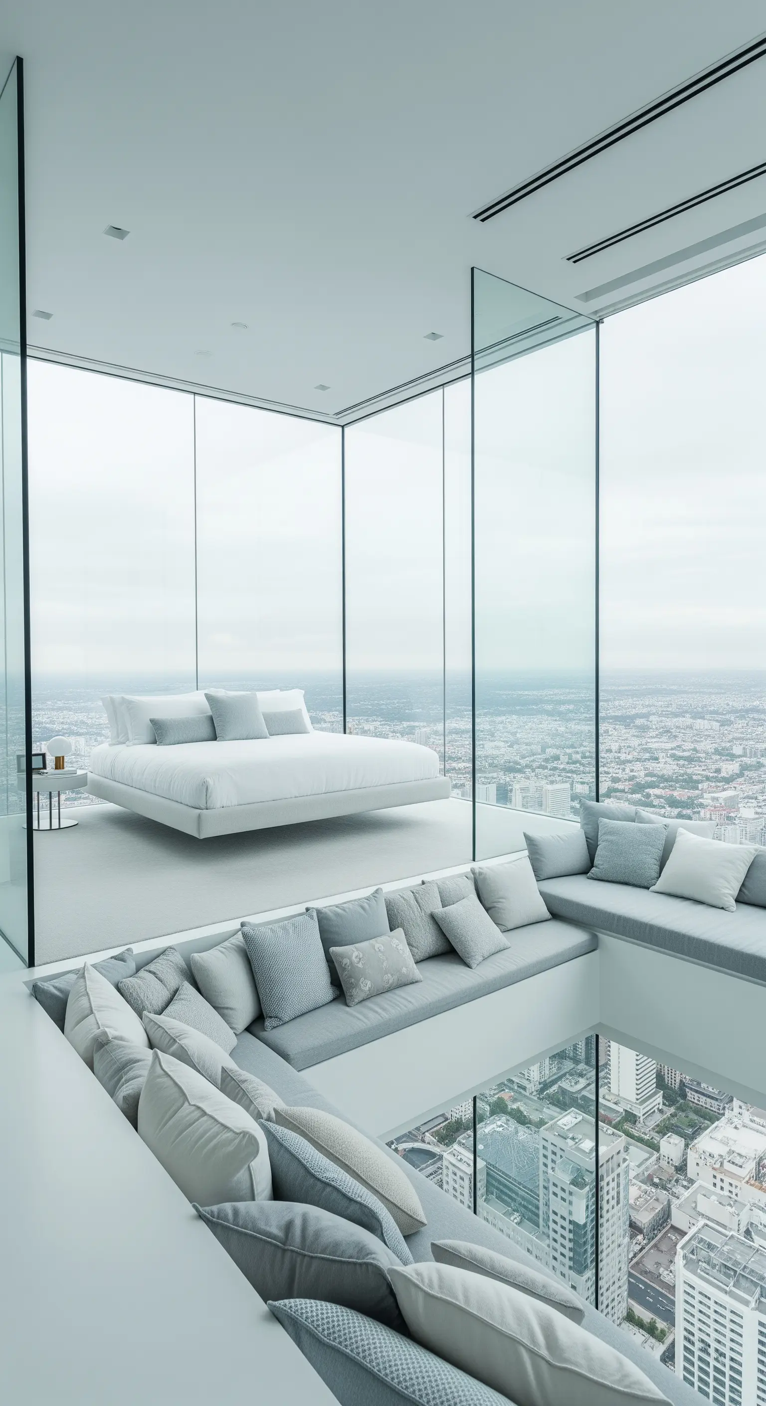 Futuristisches Penthouse-Schlafzimmer mit Glaswänden und einem abgesenkten Loungebereich.