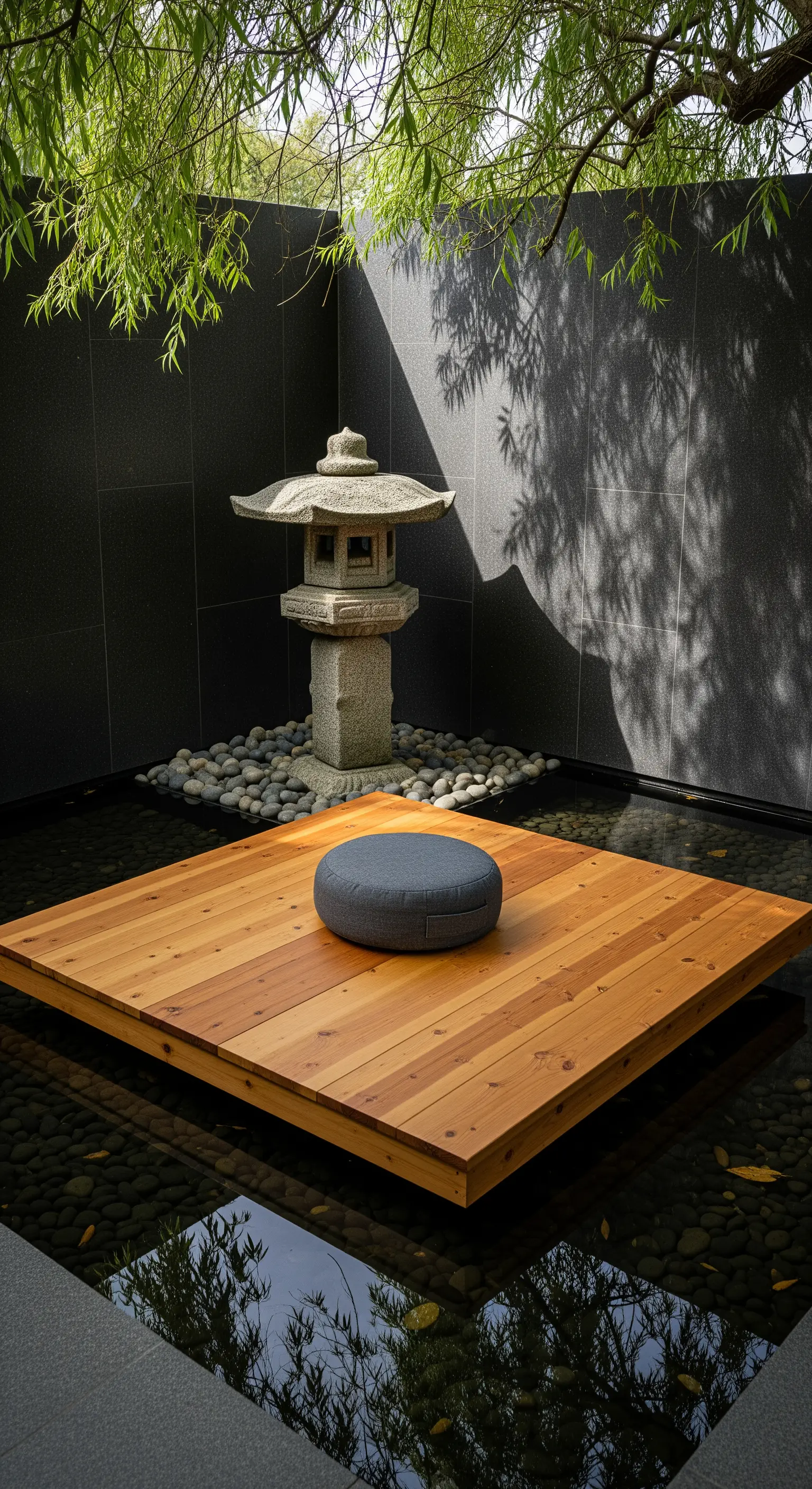 Holzplattform mit Meditationskissen über einem dunklen Wasserbecken mit einer Steinlaterne.