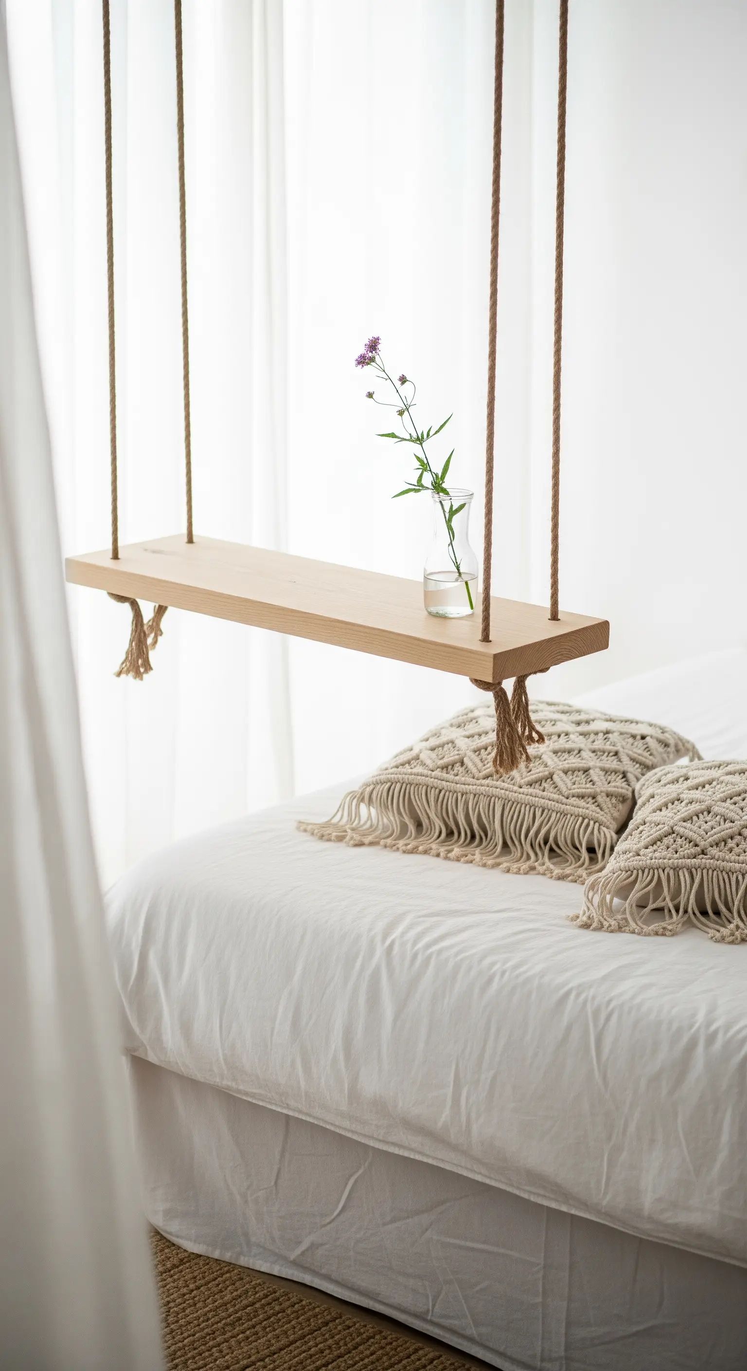 Eine von der Decke hängende Holzschaukel dient als poetischer Nachttisch.