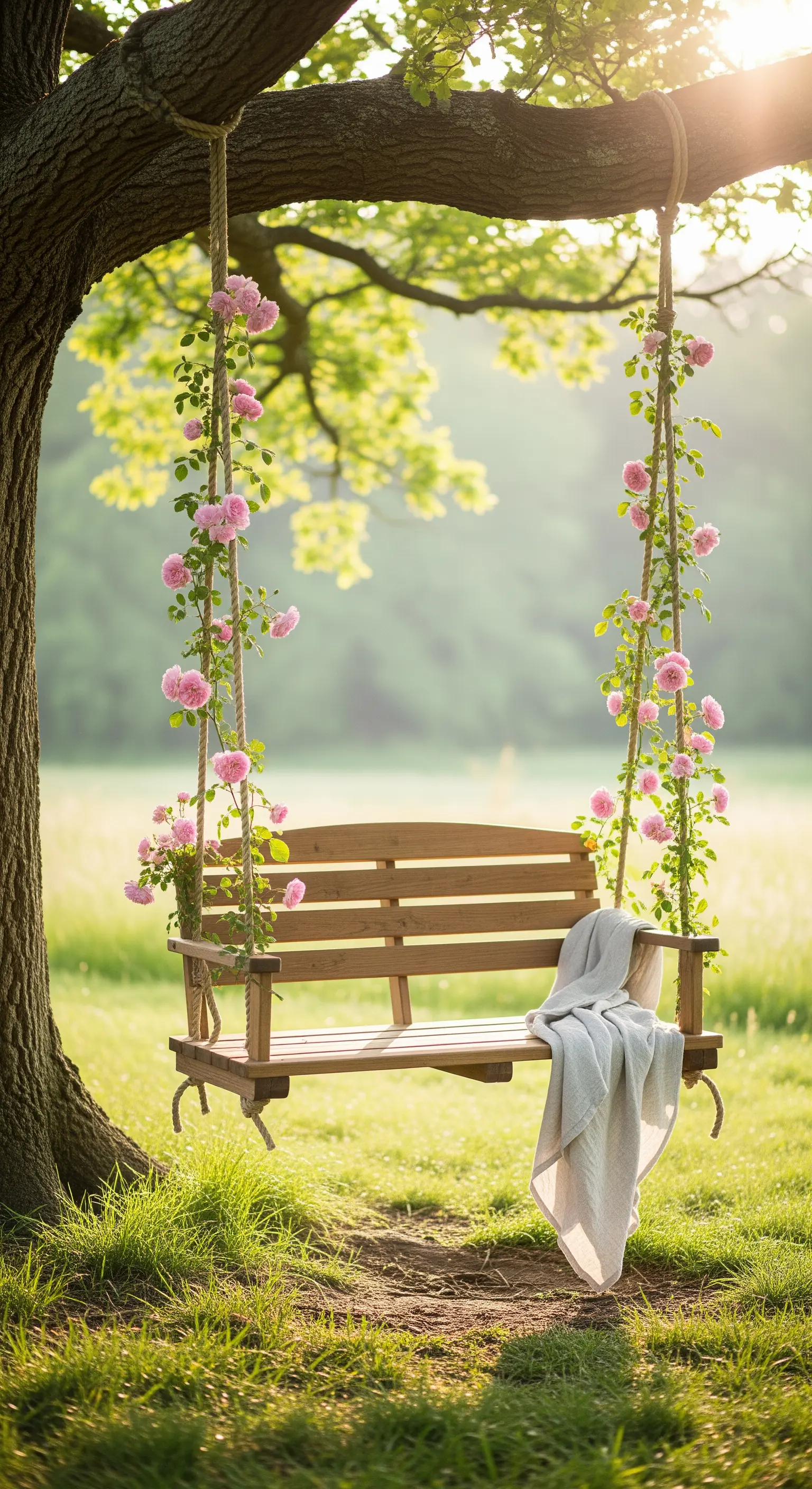Hölzerne Schaukelbank an einem Baum hängend, mit rosa Rosen an den Seilen und einer Decke.