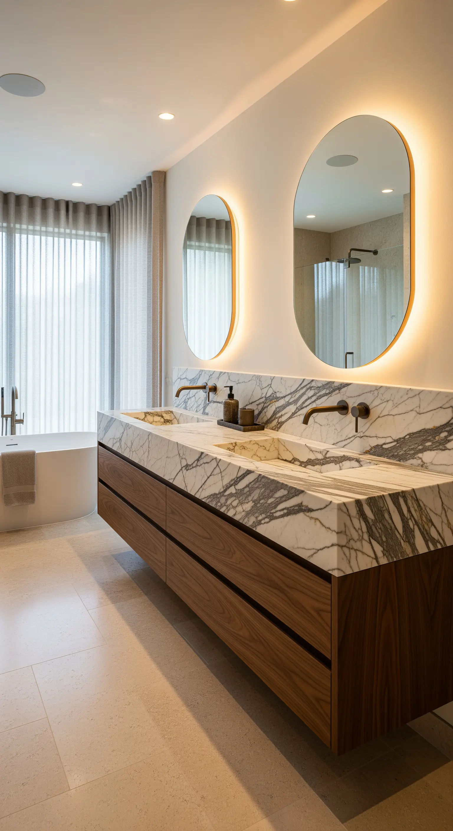 Schwebender Waschtisch aus Marmor und Holz mit hinterleuchteten Spiegeln.