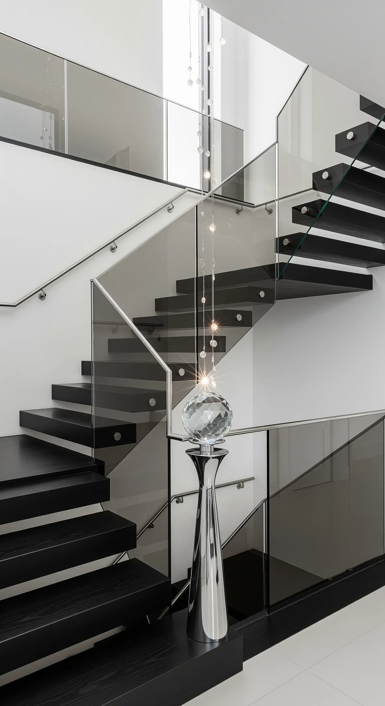 Moderne schwarze Treppe mit einem Geländer aus rahmenlosem Rauchglas.