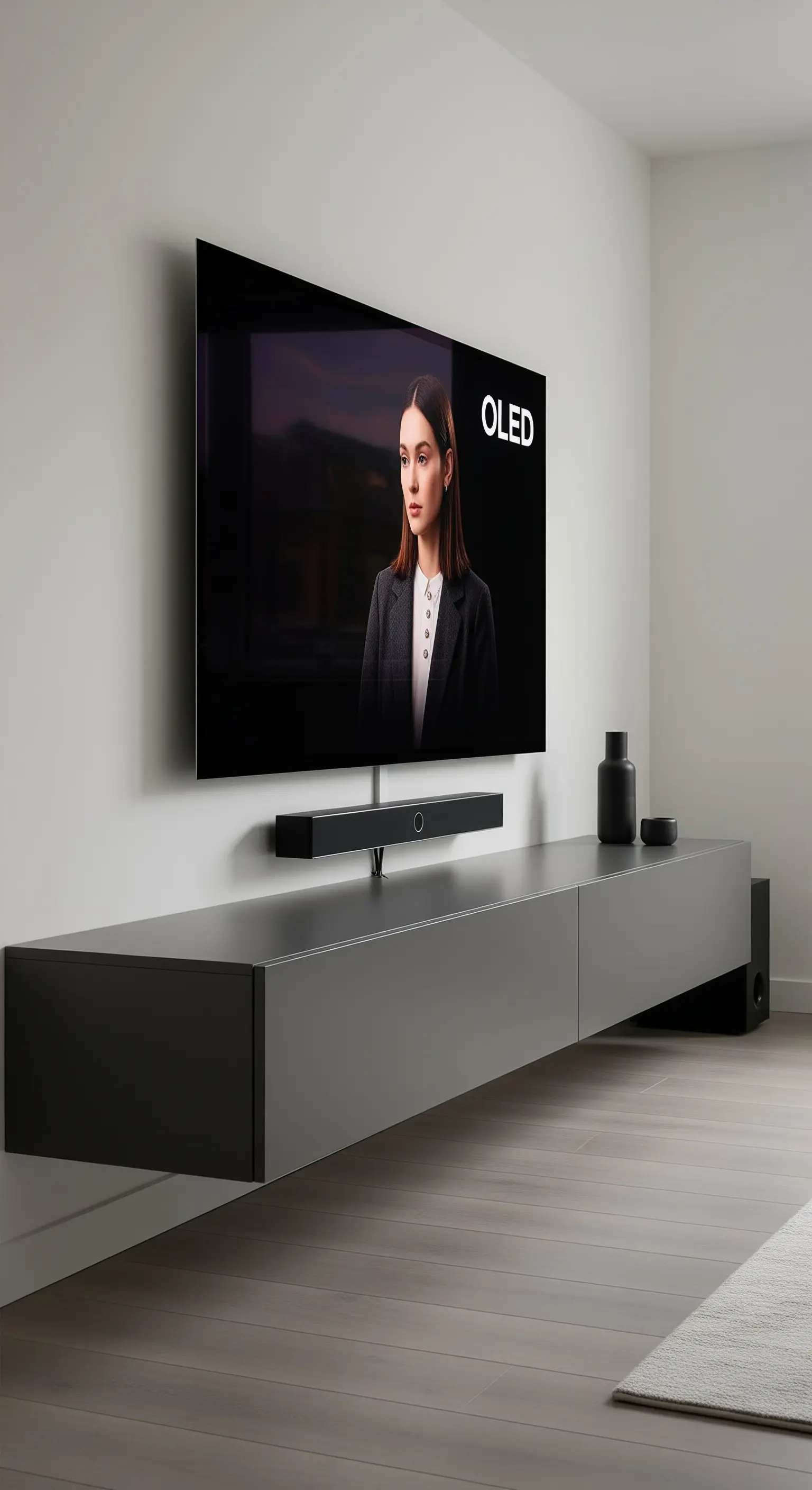 Schwebendes graues TV-Board unter einem an der Wand montierten Fernseher.