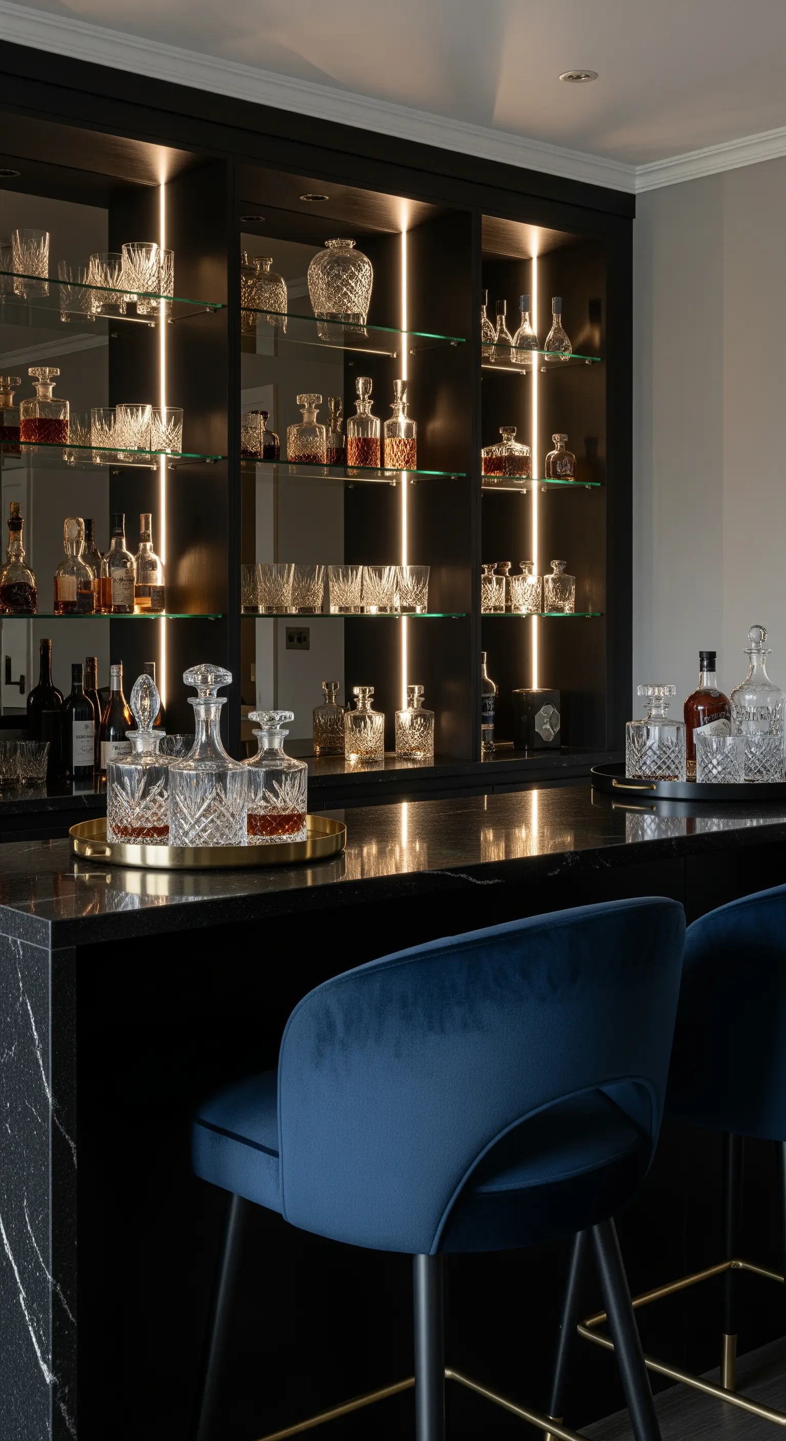 Beleuchtete Hausbar mit Kristall-Dekantern vor dunklen Regalen und vertikalen LEDs.