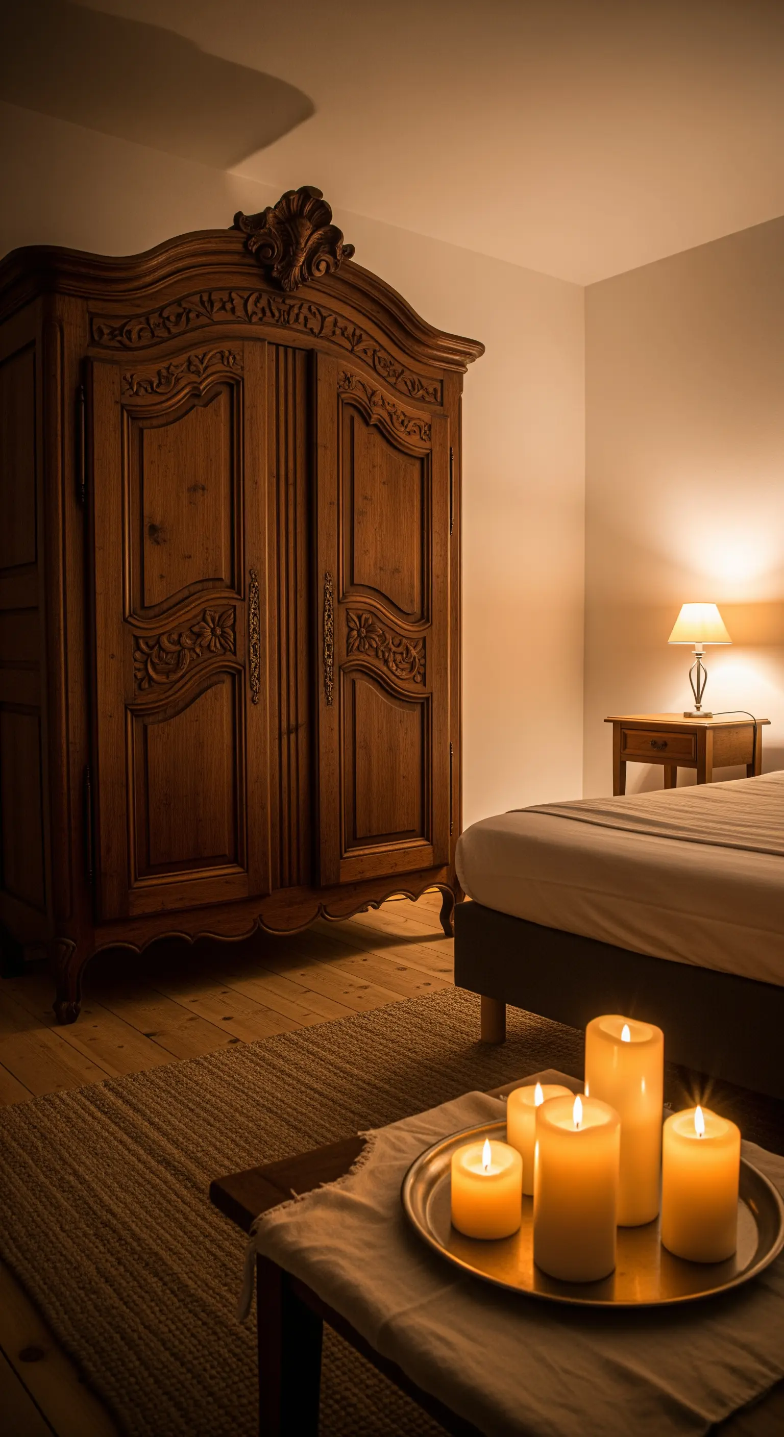 Ein großer, antiker Holzschrank in einem Schlafzimmer, das von Kerzenlicht beleuchtet wird.