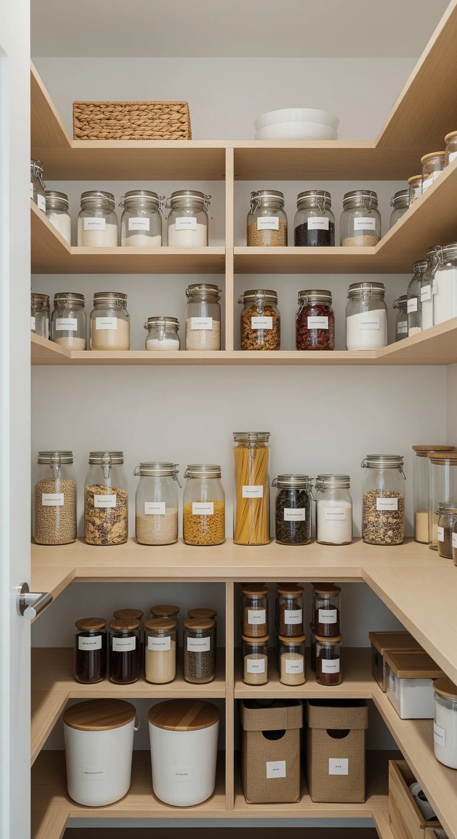 Eine aufgeräumte Speisekammer mit Lebensmitteln in einheitlichen, beschrifteten Glasbehältern.