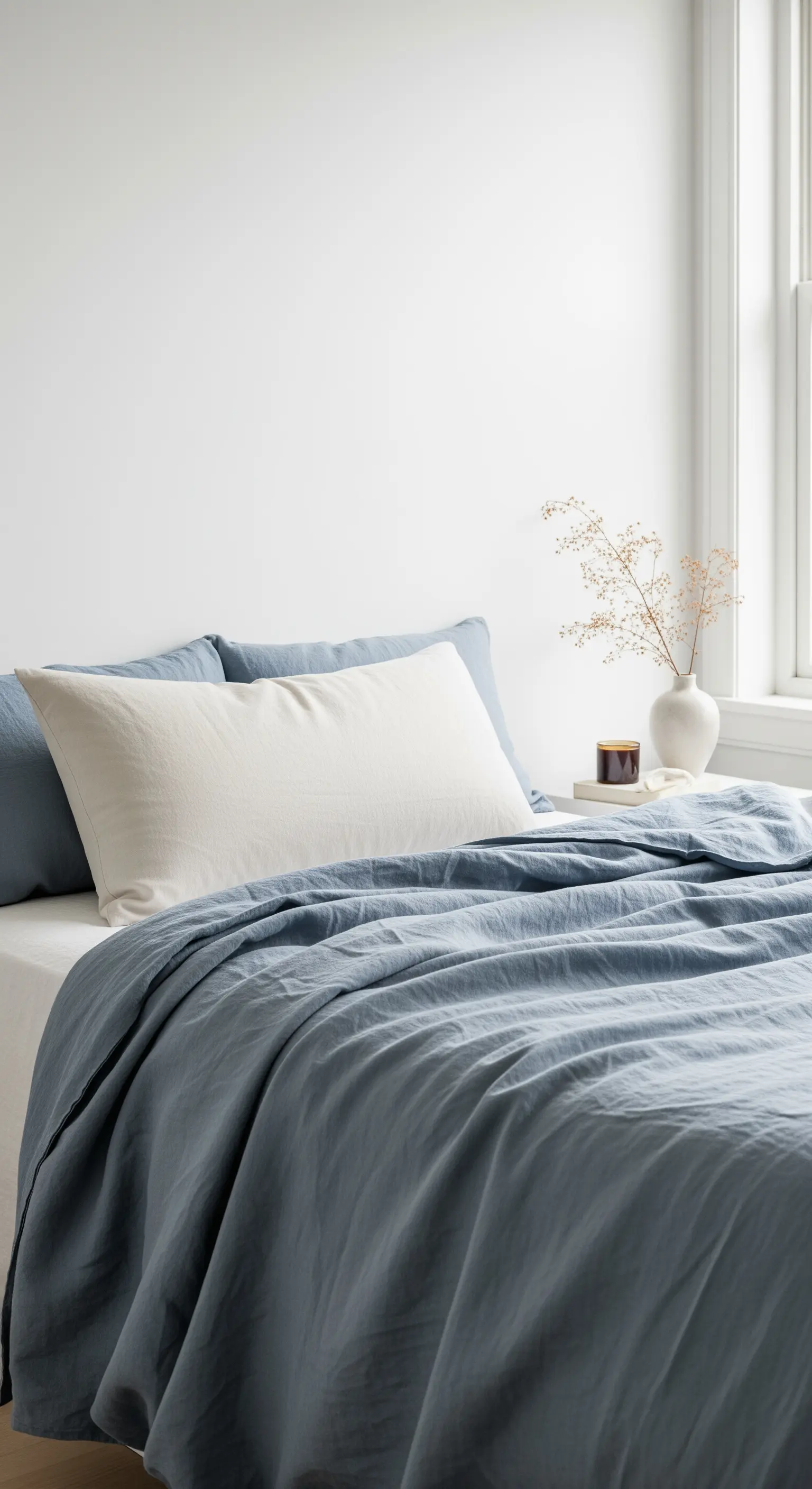 Detailaufnahme von Bettwäsche aus blauem Leinen auf einem Bett vor einer weißen Wand.