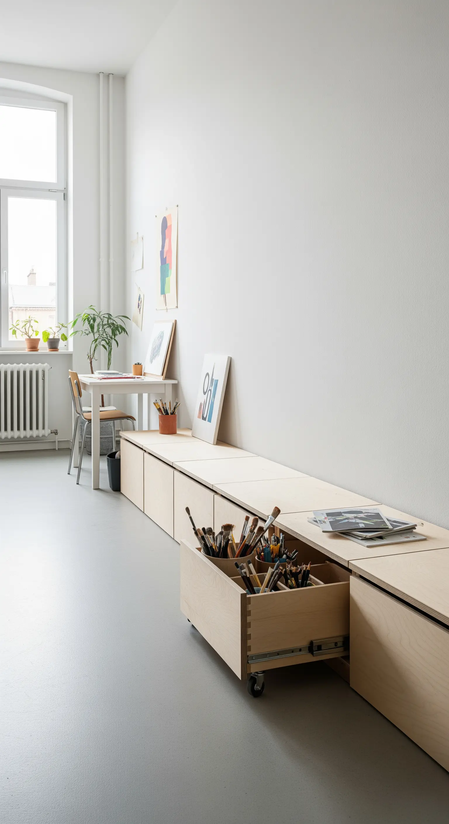 Lange, niedrige Holzschubladenbank in einem Künstleratelier, gefüllt mit Pinseln.