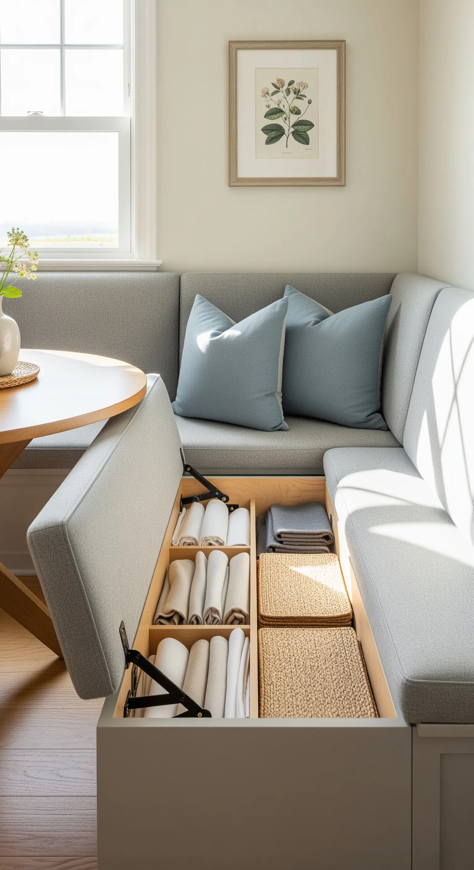 Eck-Esszimmerbank mit aufklappbaren Sitzen, die Stauraum für Tischwäsche offenbaren.