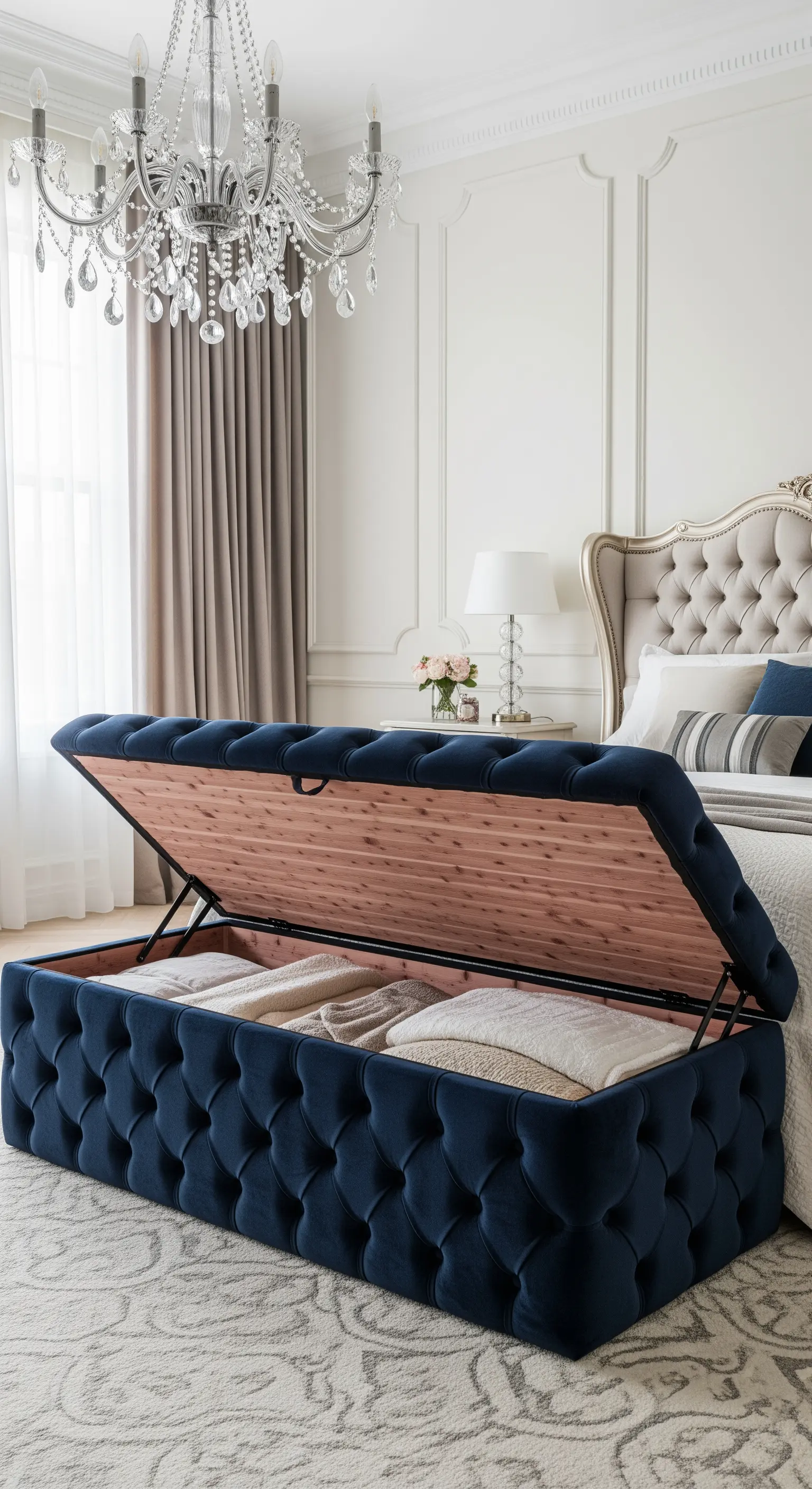 Klassisches Schlafzimmer mit einer aufgeklappten, getufteten Samt-Sitzbank mit Stauraum.